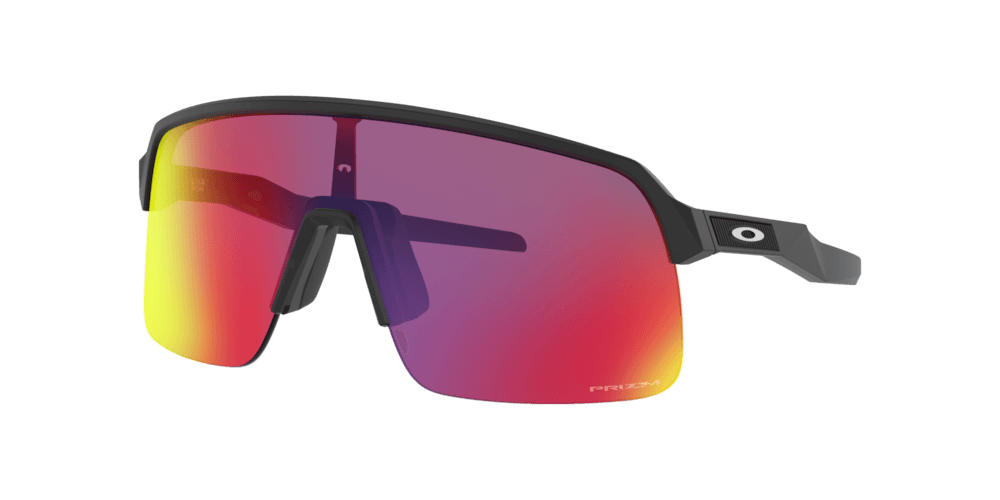 Oakley Sutro Lite sunglasses, semi-rimless frame, side view with Prizm Road lens, black temples with ridged Unobtainium inside.