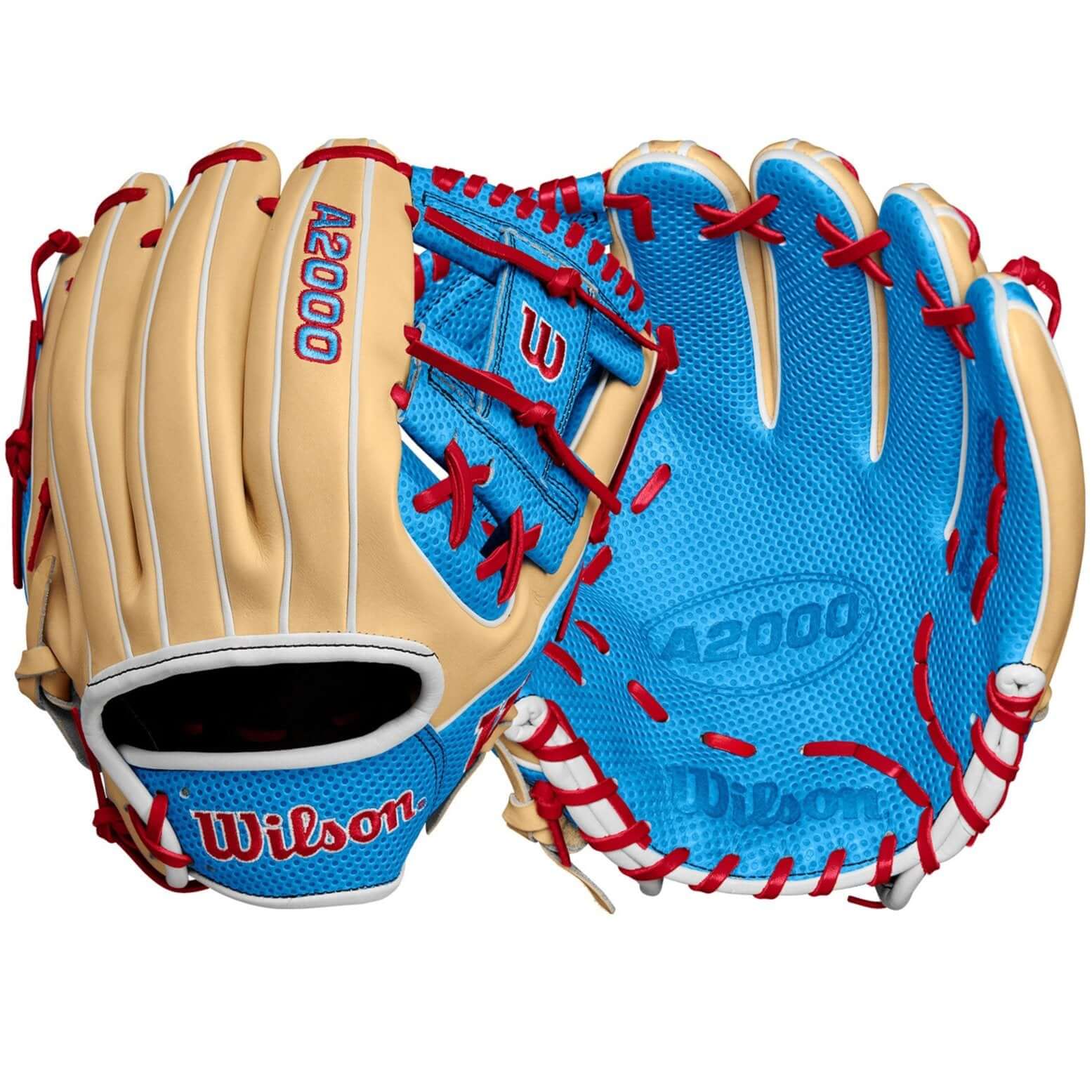 Wilson A2000 Fall 2024 infield baseball glove blonde and tropic blue with Spin Control Technology, 11.75 inches.