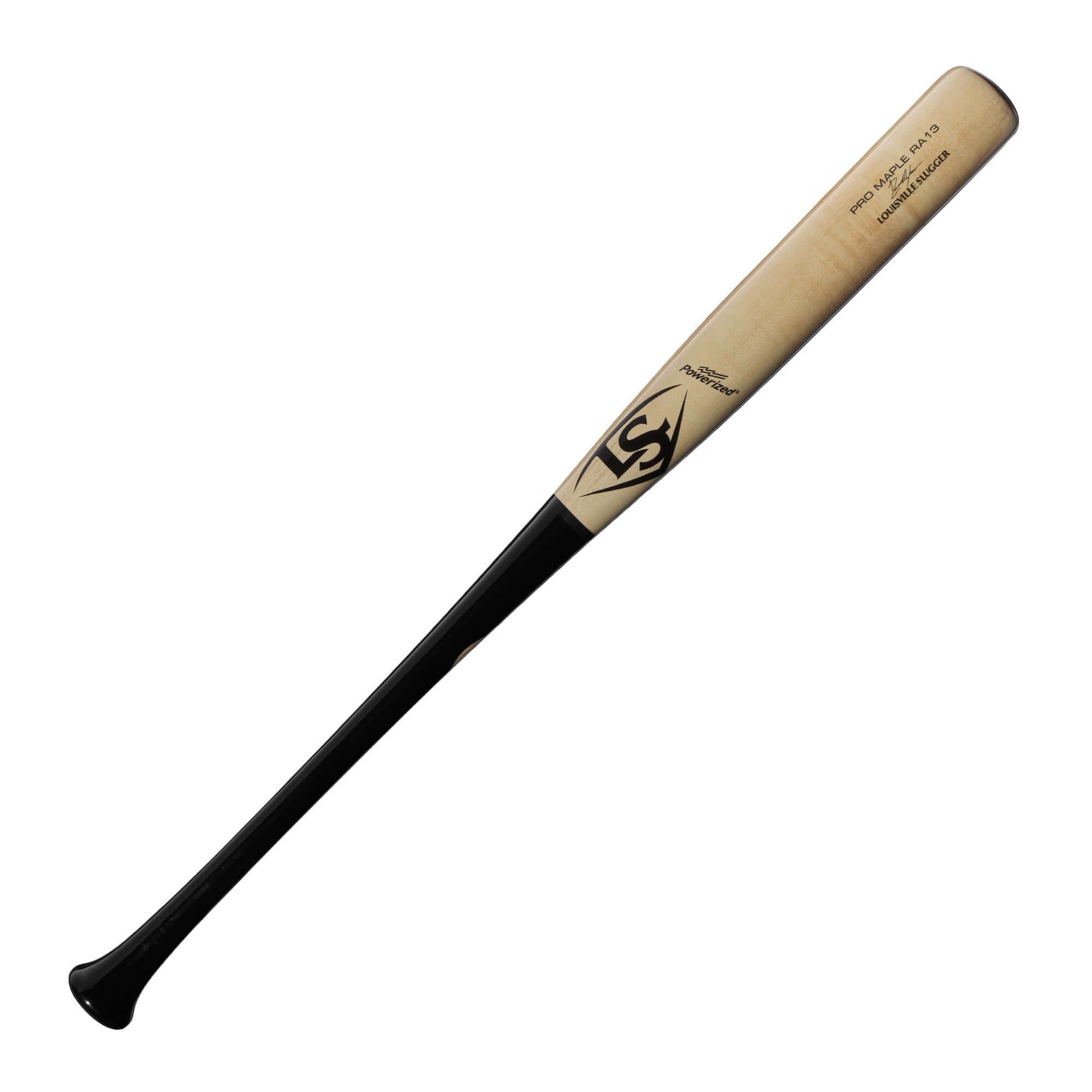 Louisville Slugger Pro Prime RA13 Acuna bat featuring a black handle and natural barrel, designed for optimal performance.