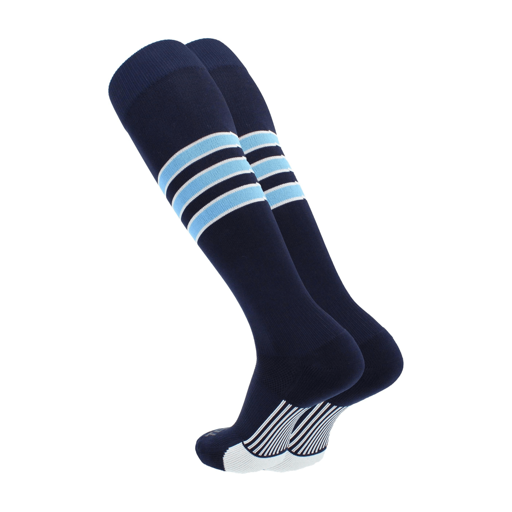 TCK Dugout Series navy, white, and Columbia blue socks with classic stripes for baseball and softball performance.