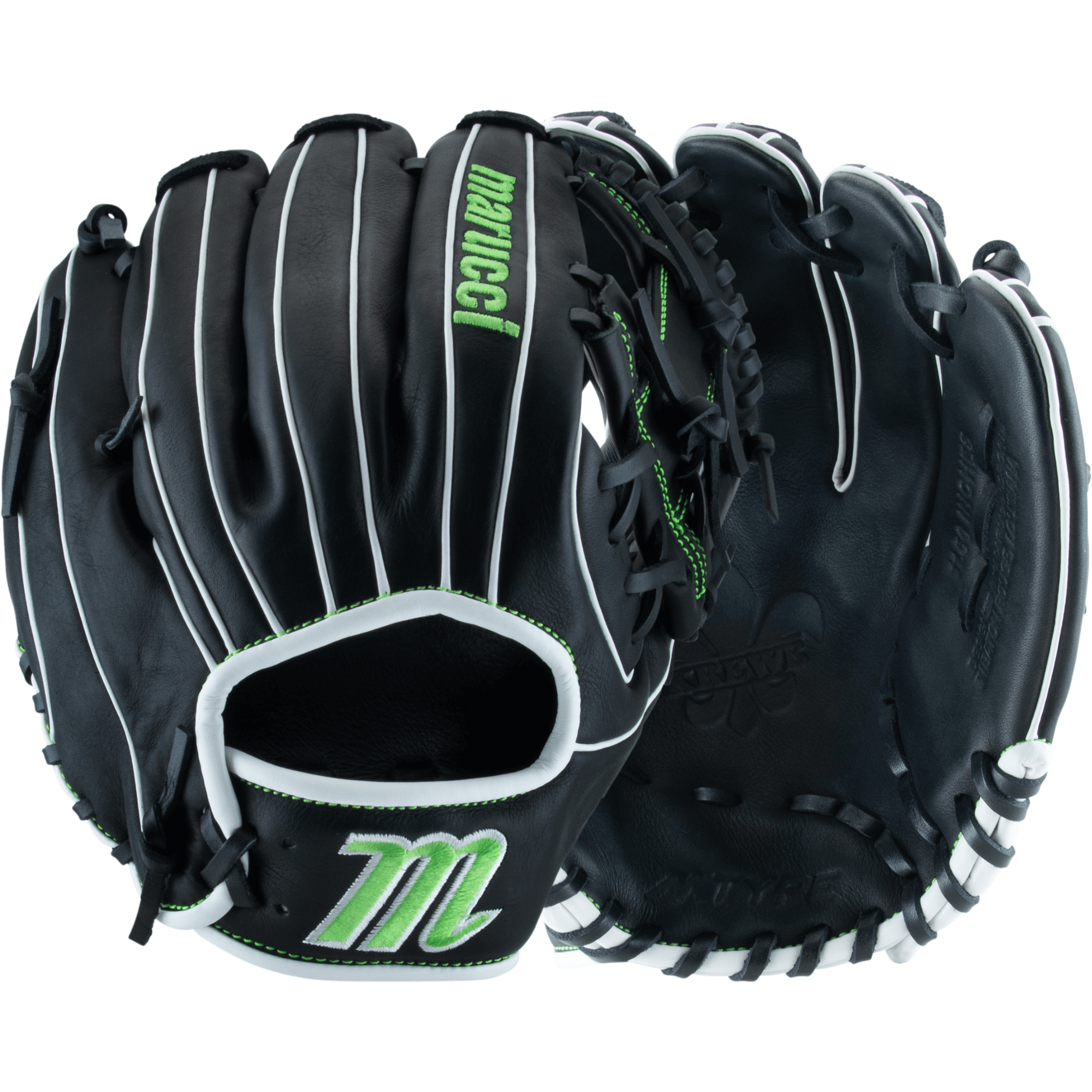 Marucci Krewe Series 43A2 11.5" I Web Mitt, front and back view highlighting dual wide shape and premium leather.