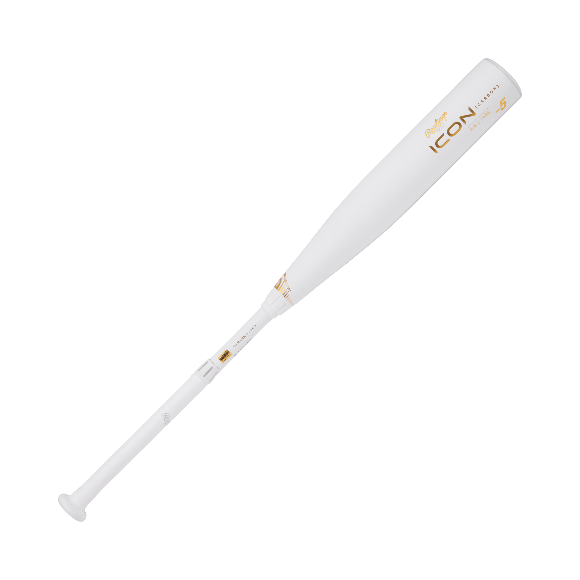 Side profile of Rawlings Icon -5 (2 3/4" Barrel) USSSA Youth Baseball Bat, showcasing its white barrel and gold graphics.