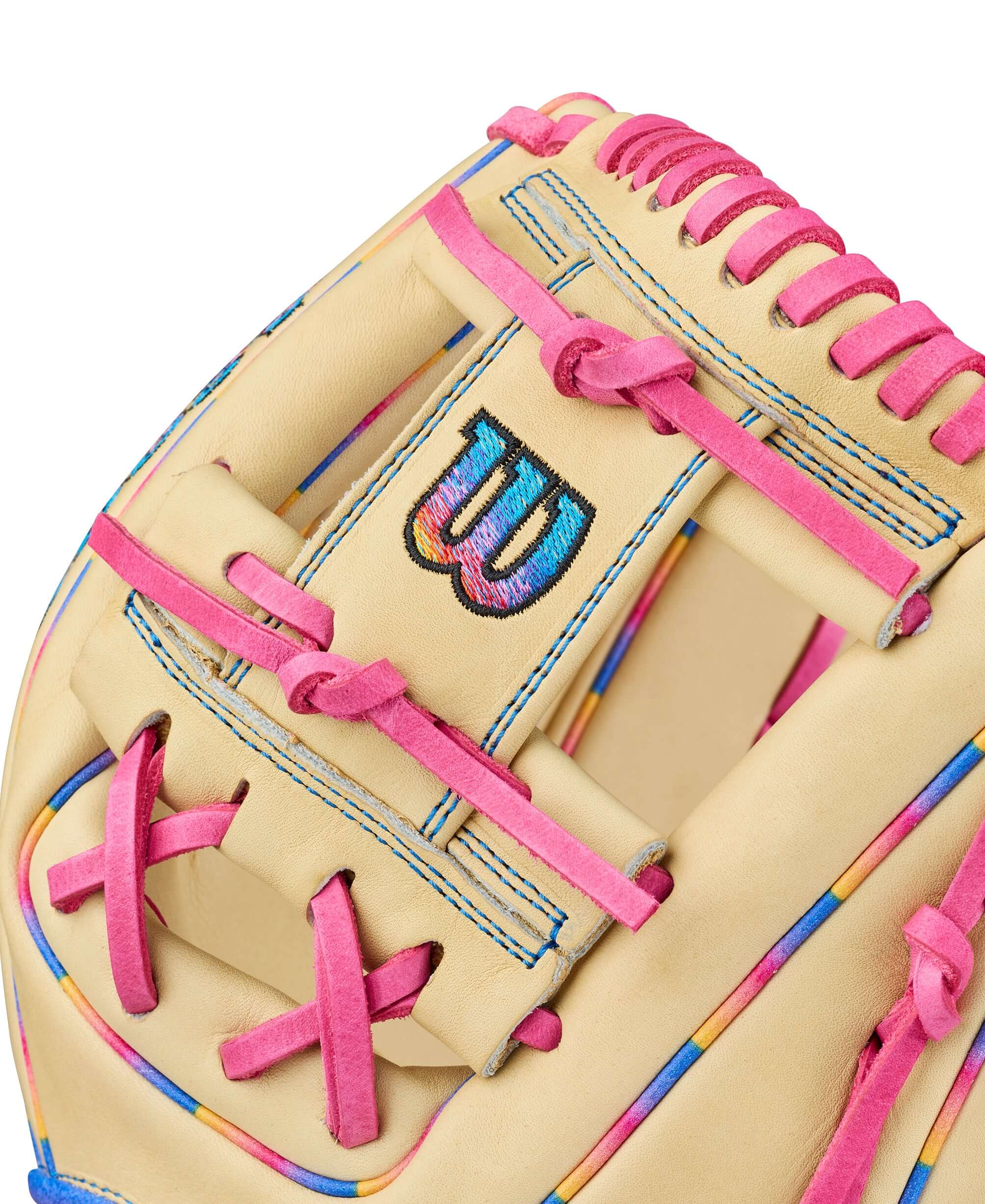 Wilson 2026 Love the Moment A2000 1786 11.5" Infield Baseball Glove, wrist opening with I-web, beige with pink lacing and stitching.