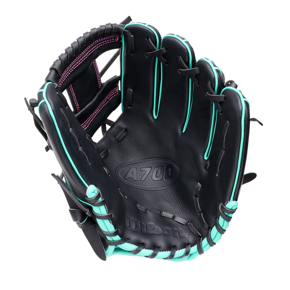 Wilson 2027 A700 11.25 inch infield baseball glove with teal stitching, soft full grain leather, and lightweight construction.
