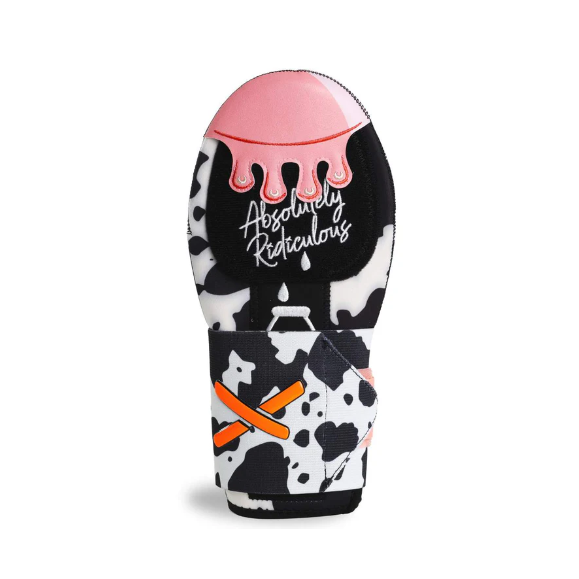 Absolutely Ridiculous The Milk It Sliding Mitt front view with Milk It design and protective plates