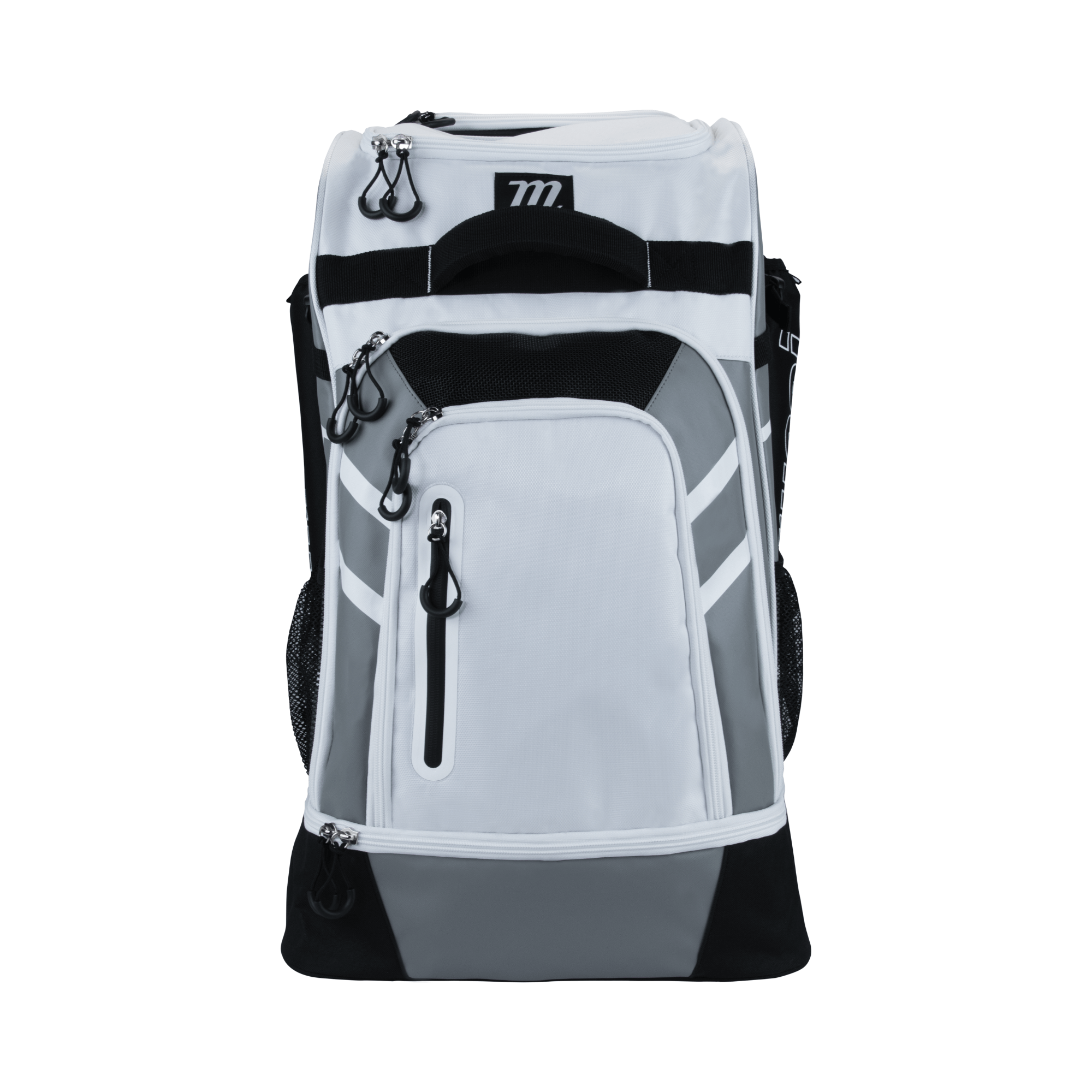 Marucci Convoy Wheeled Bat Pack in White and Gray with multiple compartments for baseball gear storage.
