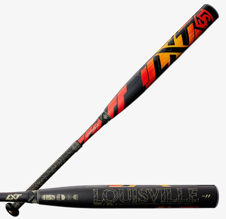 Louisville Slugger FP LXT (-11) black and orange bat side profile with visible graphics and drop weight markings.