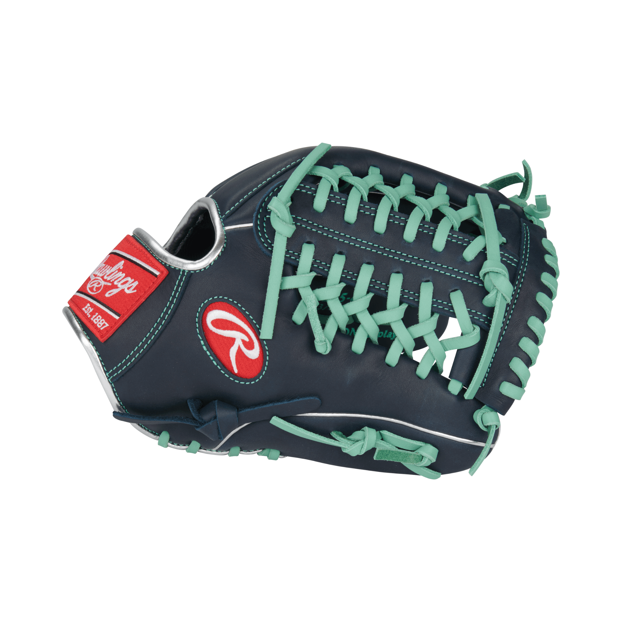 Thumb section of Rawlings R9 Series 11.75" Infield Baseball Glove Navy/Mint with padded thumb loop.