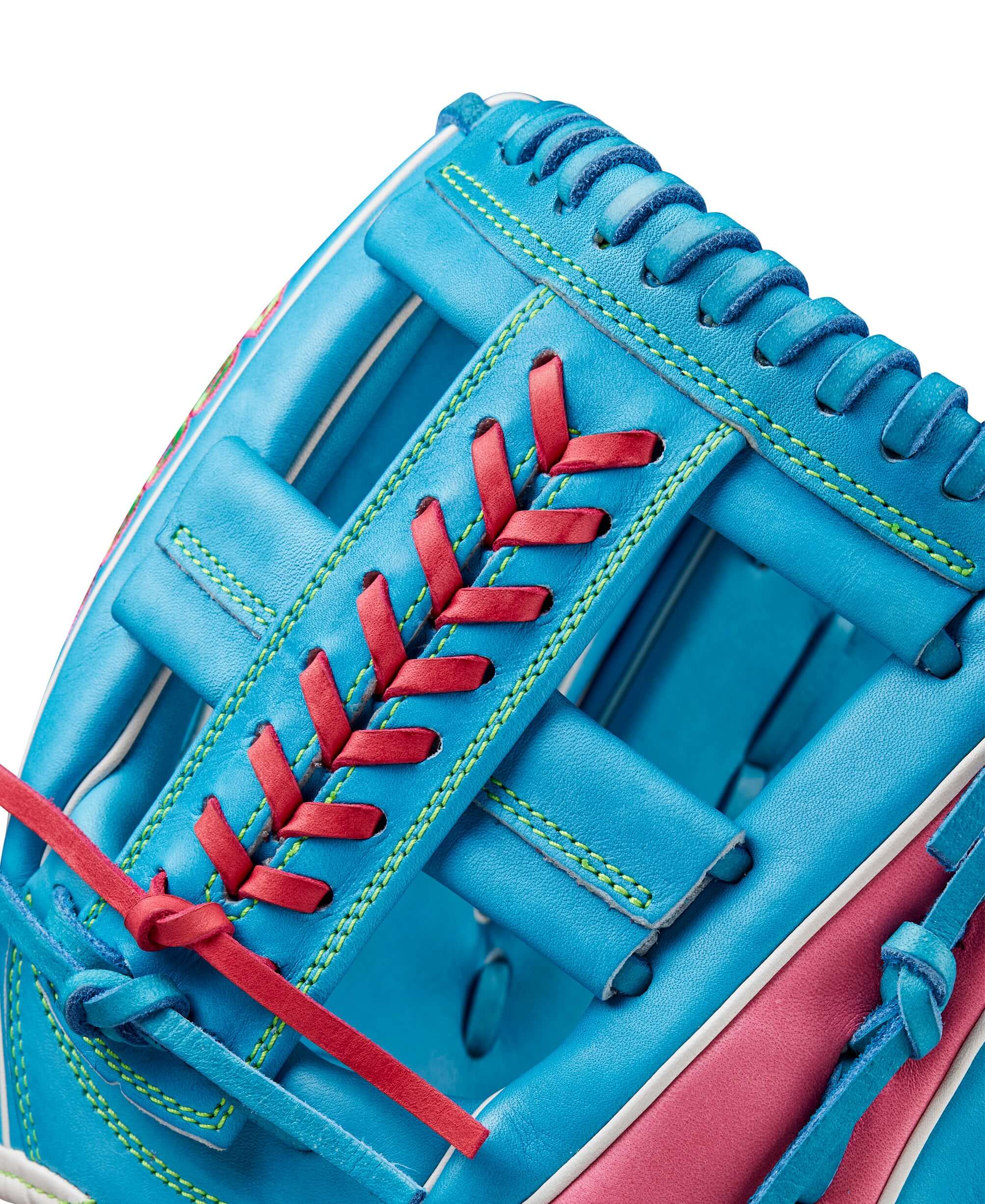Close-up of Wilson A2000 1785 infield glove featuring blue leather, red stitching, and Single Post Web design.