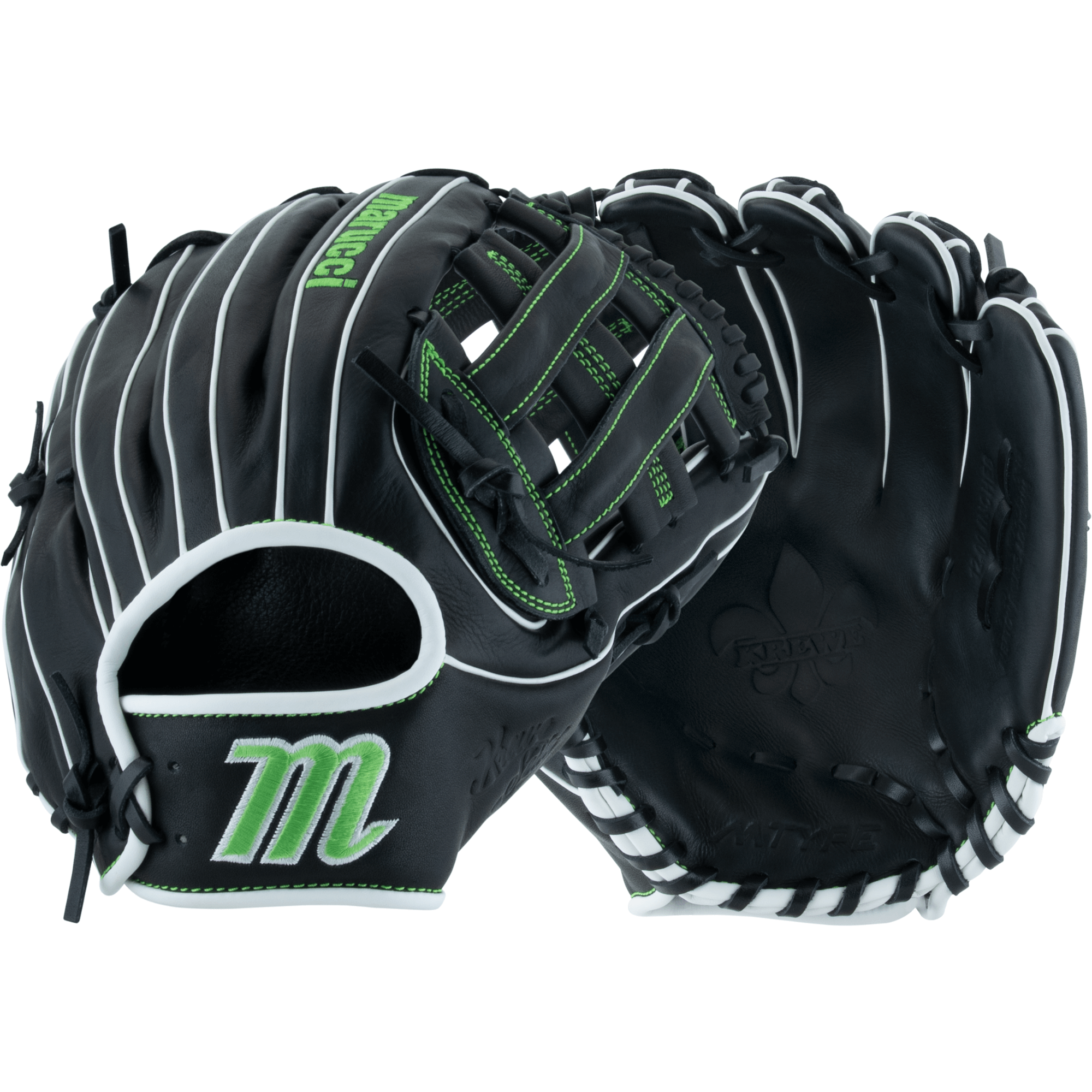Marucci Krewe Series 45A3 12" Mitt, front and back showcasing H Web and dual wide shape for optimal performance.