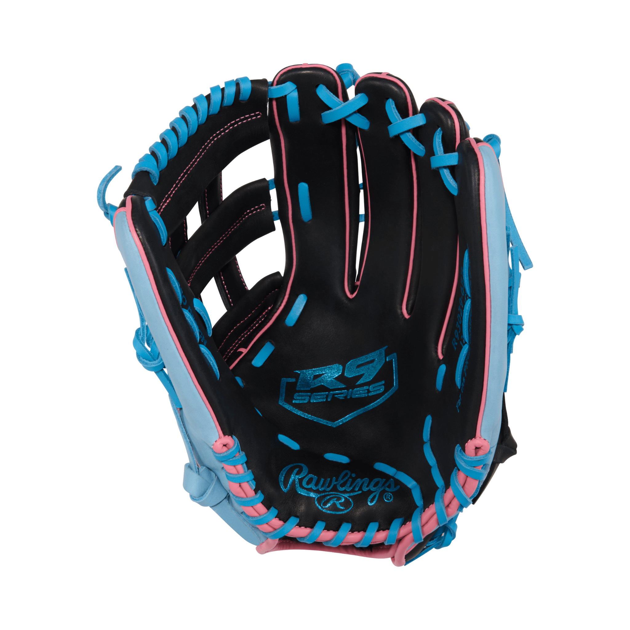Rawlings R9 Baseball Series 12.75" Outfield Glove in Black/Columbia Blue/Pink for Left-Handed Players