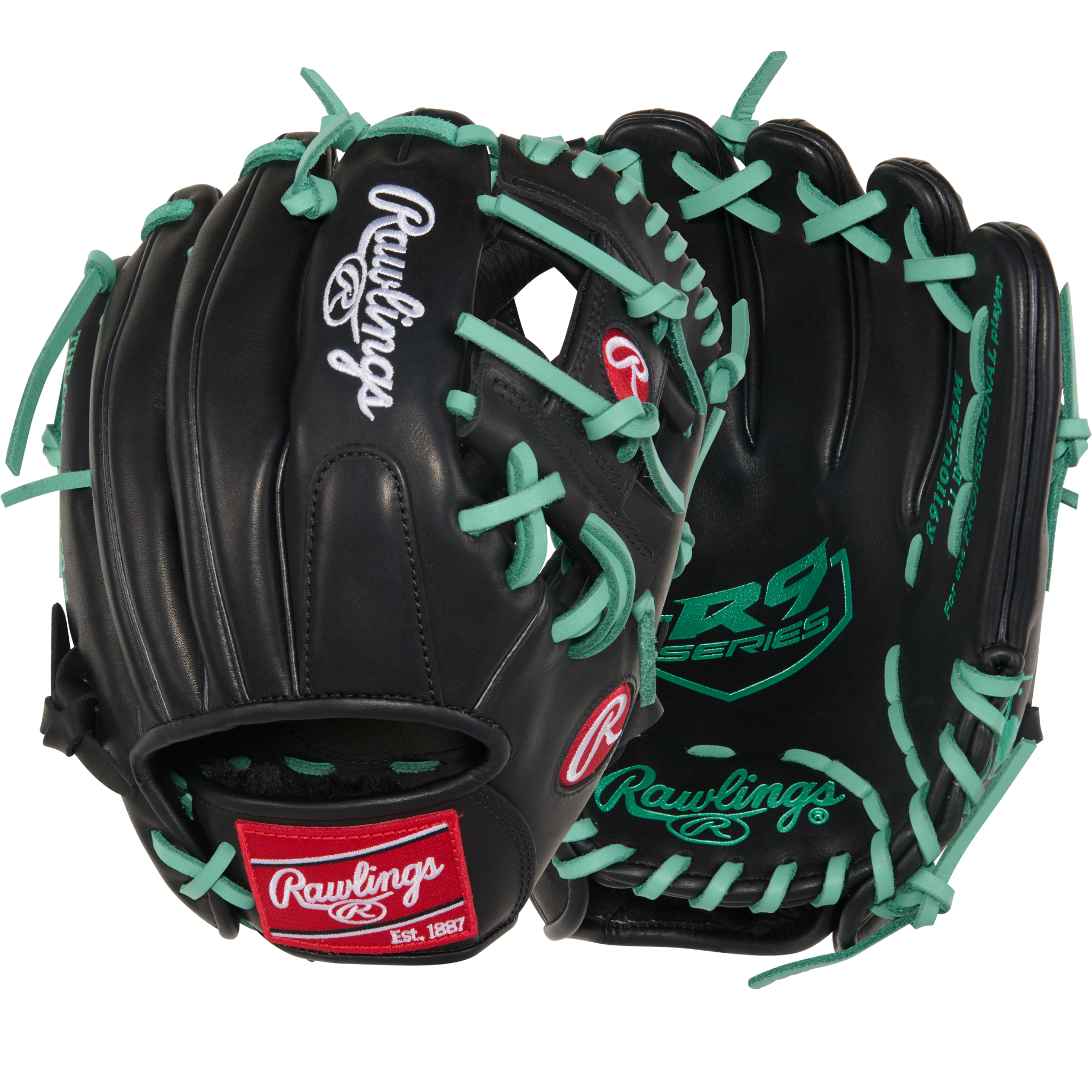 Rawlings R9 11" Infield Glove Black/Mint - Back and Palm View