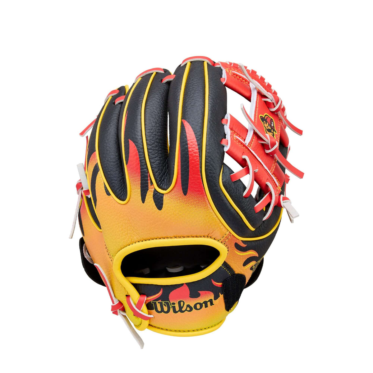 Wilson 2026 A200 Firefighters Baseball Glove 10" Red/Black backhand view with flame design and red lacing.