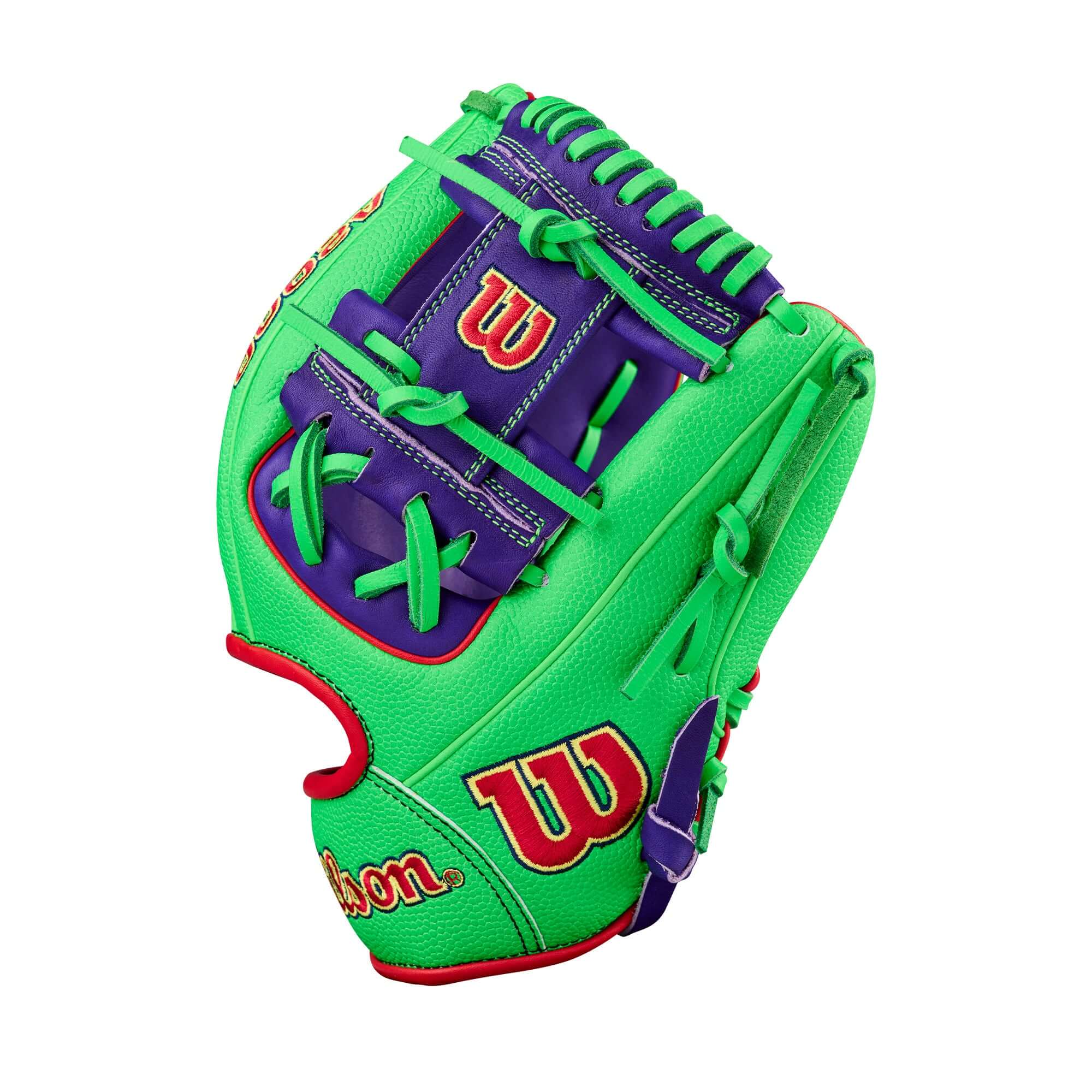Wilson Swingin’ Sour Apple A2000 1786 11.5" Infield Baseball Glove backhand view with green and purple lacing