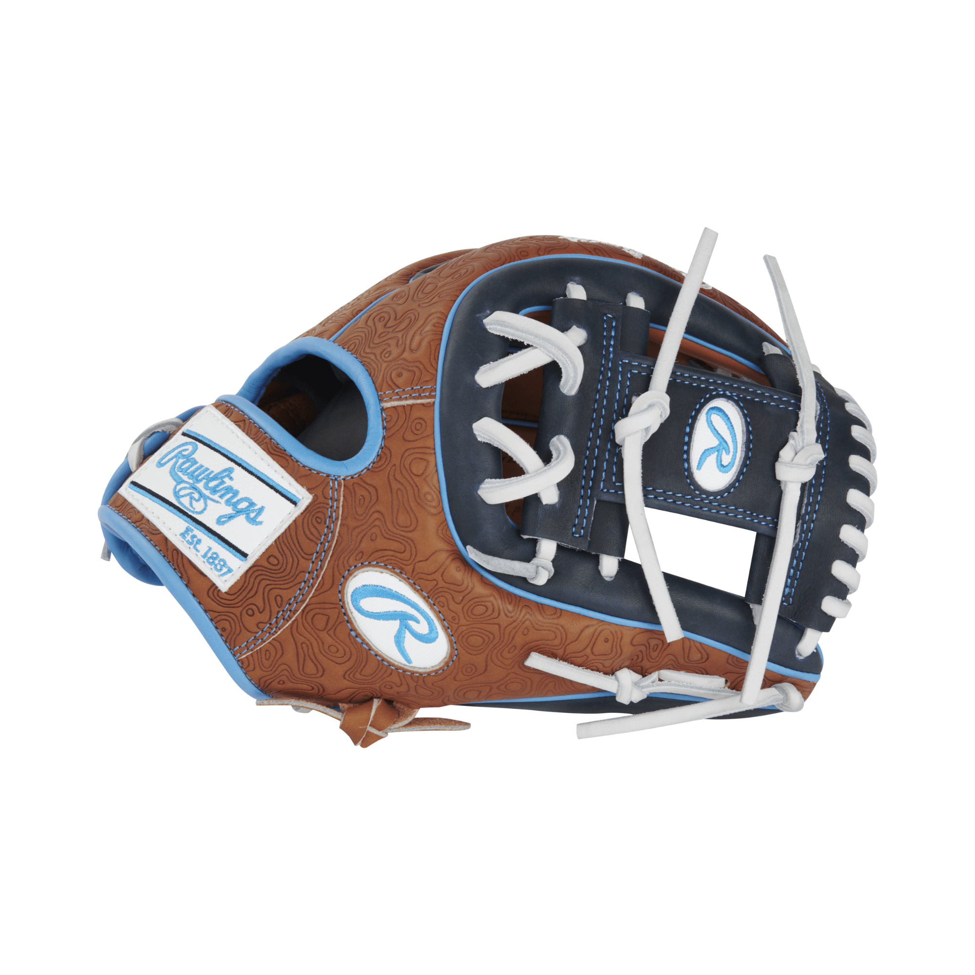 Rawlings Heart Of the Hide Color Sync 8.0 Baseball Glove in brown and blue, 11.75" RHT with unique geo-print design.