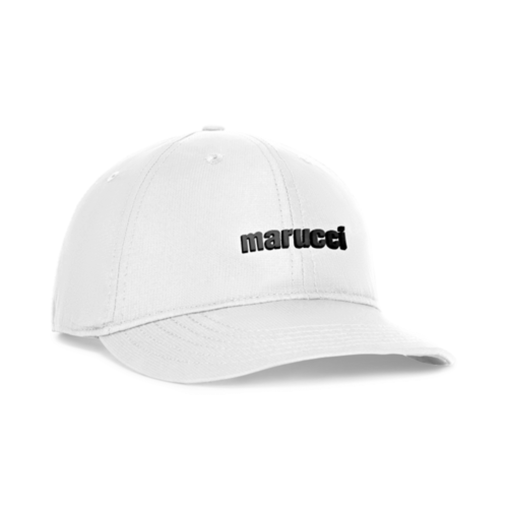 Marucci adult unstructured performance cap in white with silicone logo, featuring moisture-wicking sweatband and adjustable closure.