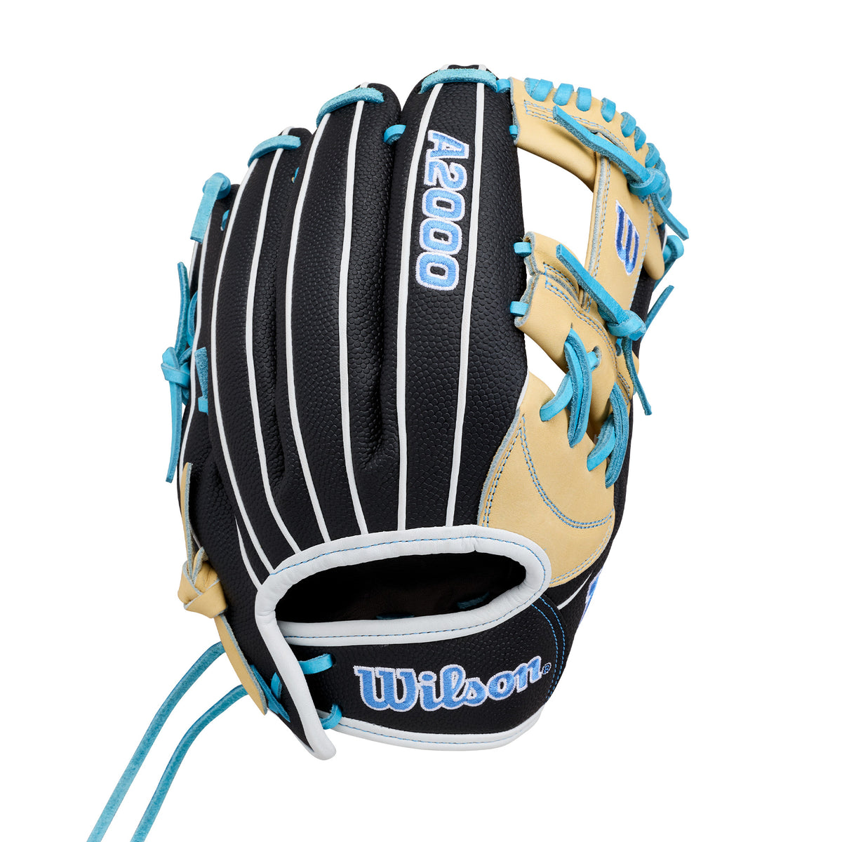 Wilson 2027 A2000 FP1175SS 11.75" fastpitch glove blonde/black/sky blue RHT, back
