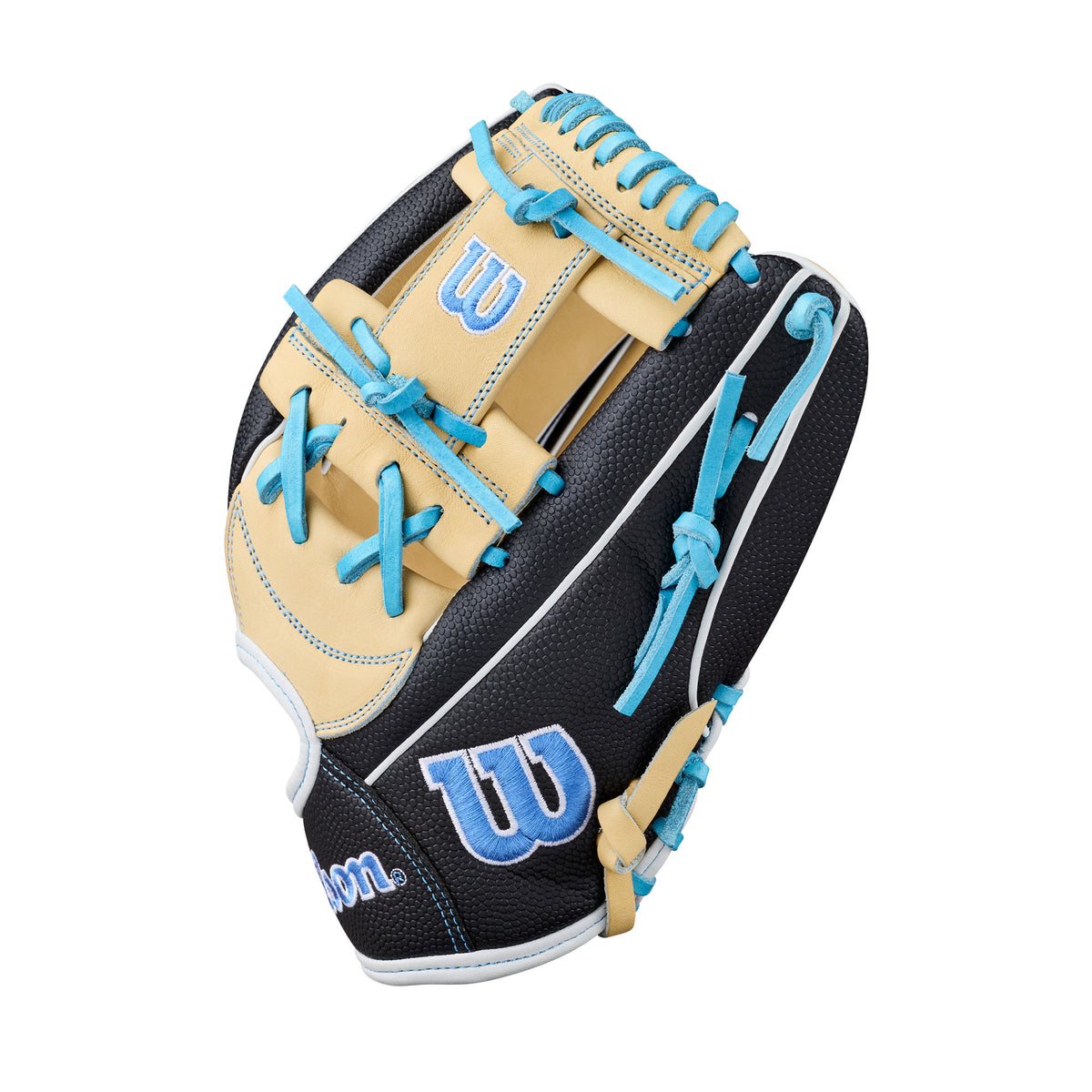 Wilson 2027 A2000 FP1175SS 11.75" fastpitch glove blonde/black/sky blue RHT, thumb side