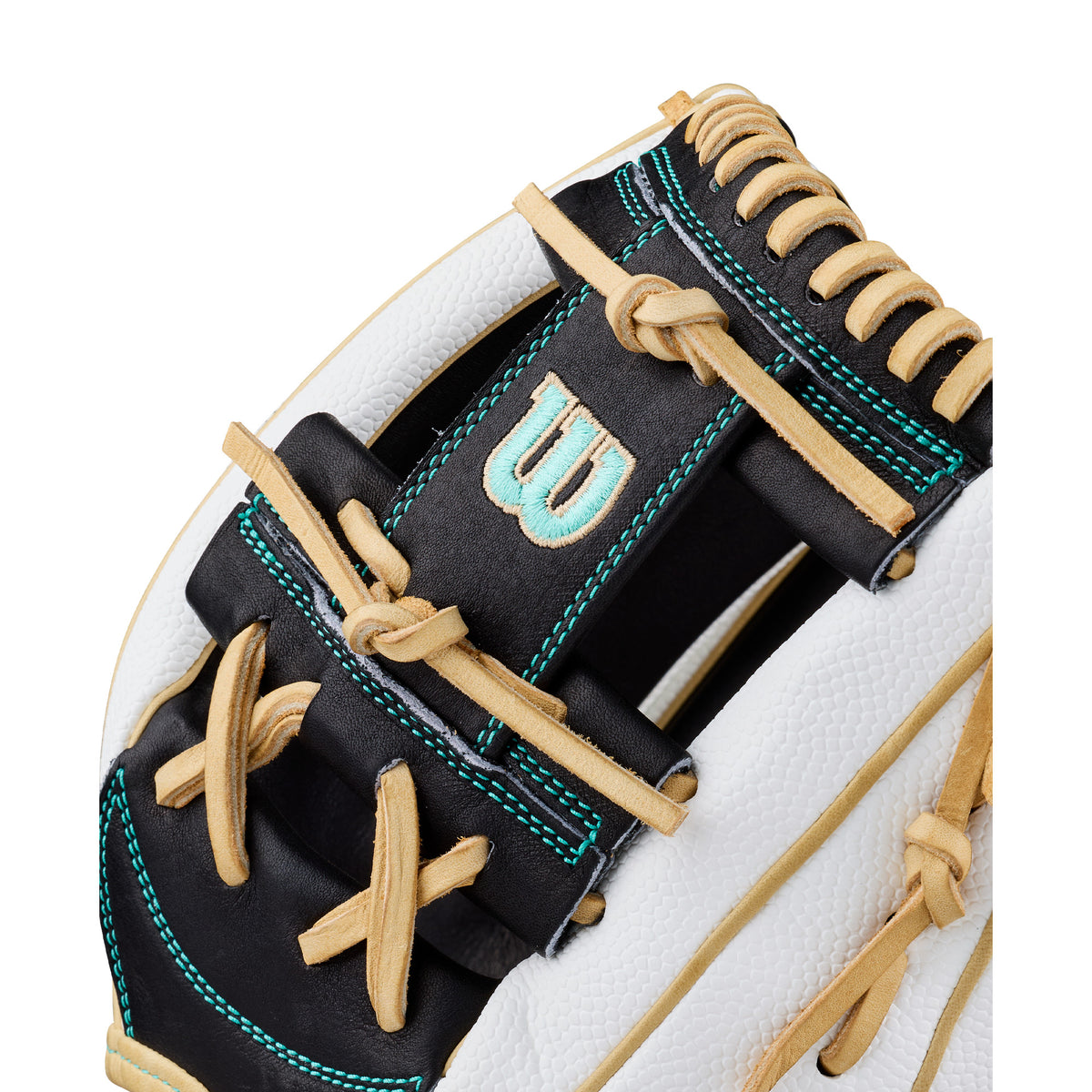 Wilson 2027 A2000 FP H12SS 12" fastpitch glove black/white/blonde RHT, web detail