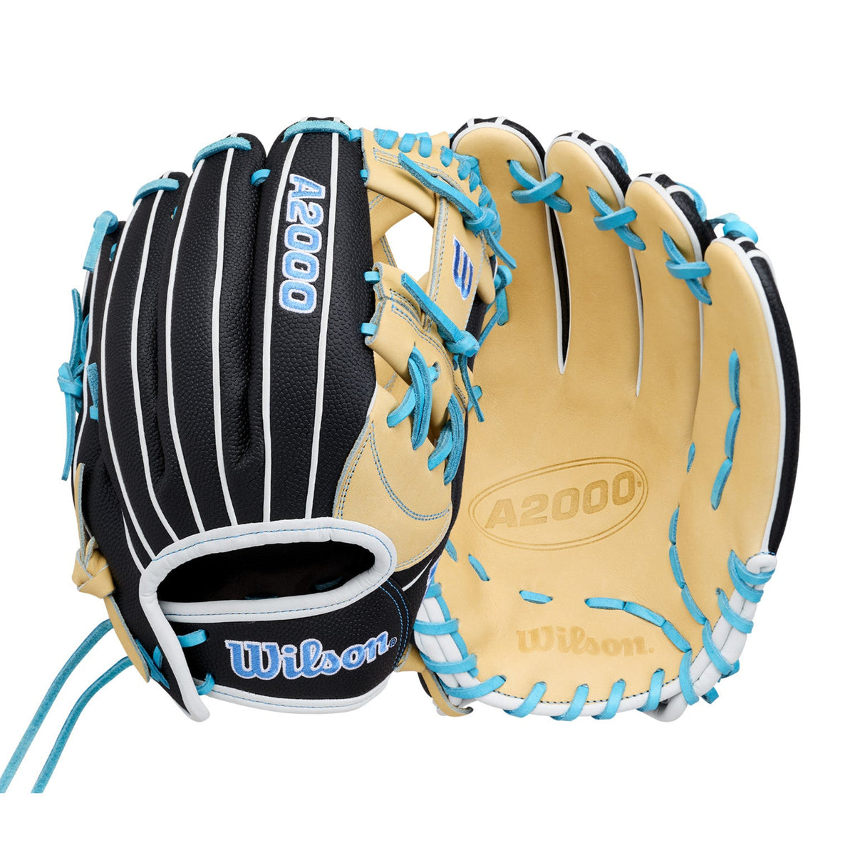 Wilson 2027 A2000 FP1175SS 11.75" fastpitch glove blonde/black/sky blue RHT, pair