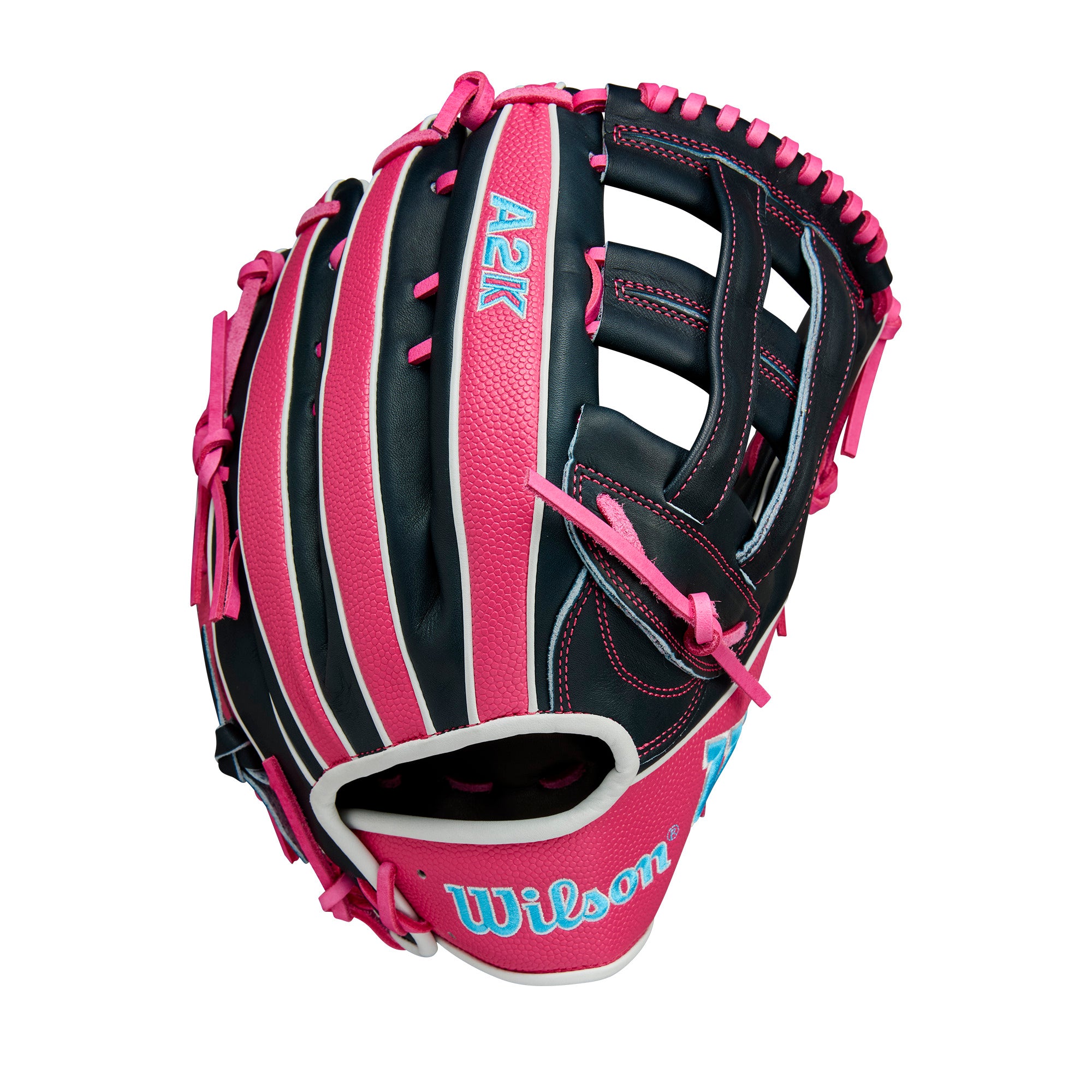 Back view of the Wilson A2K 1750 highlighting Navy Blue leather with Flamingo Pink SuperSkin™ and bold Wilson logos.
