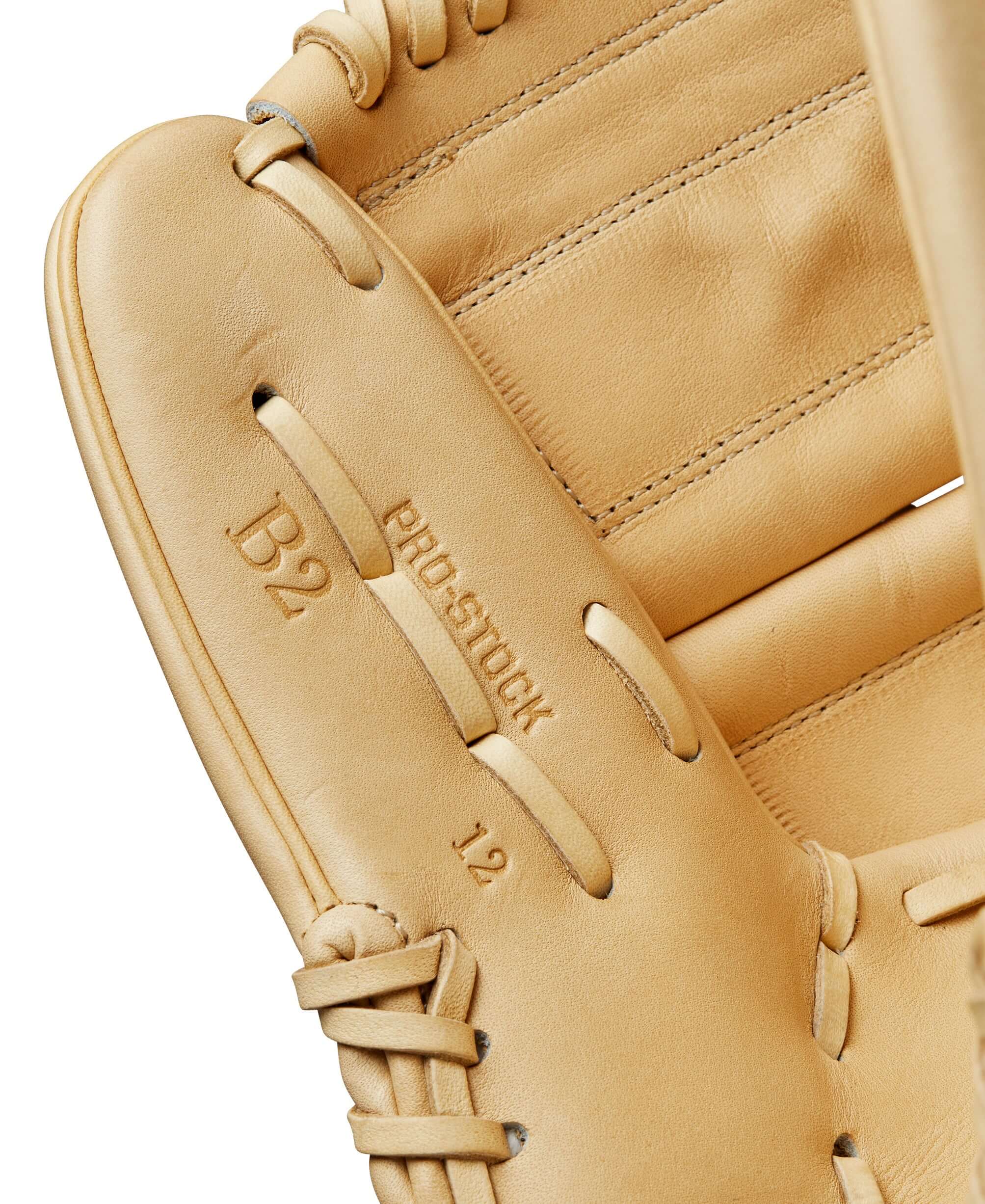 Close-up of the Wilson A2000 B2 baseball glove interior showing Pro Stock leather and size 12 details.
