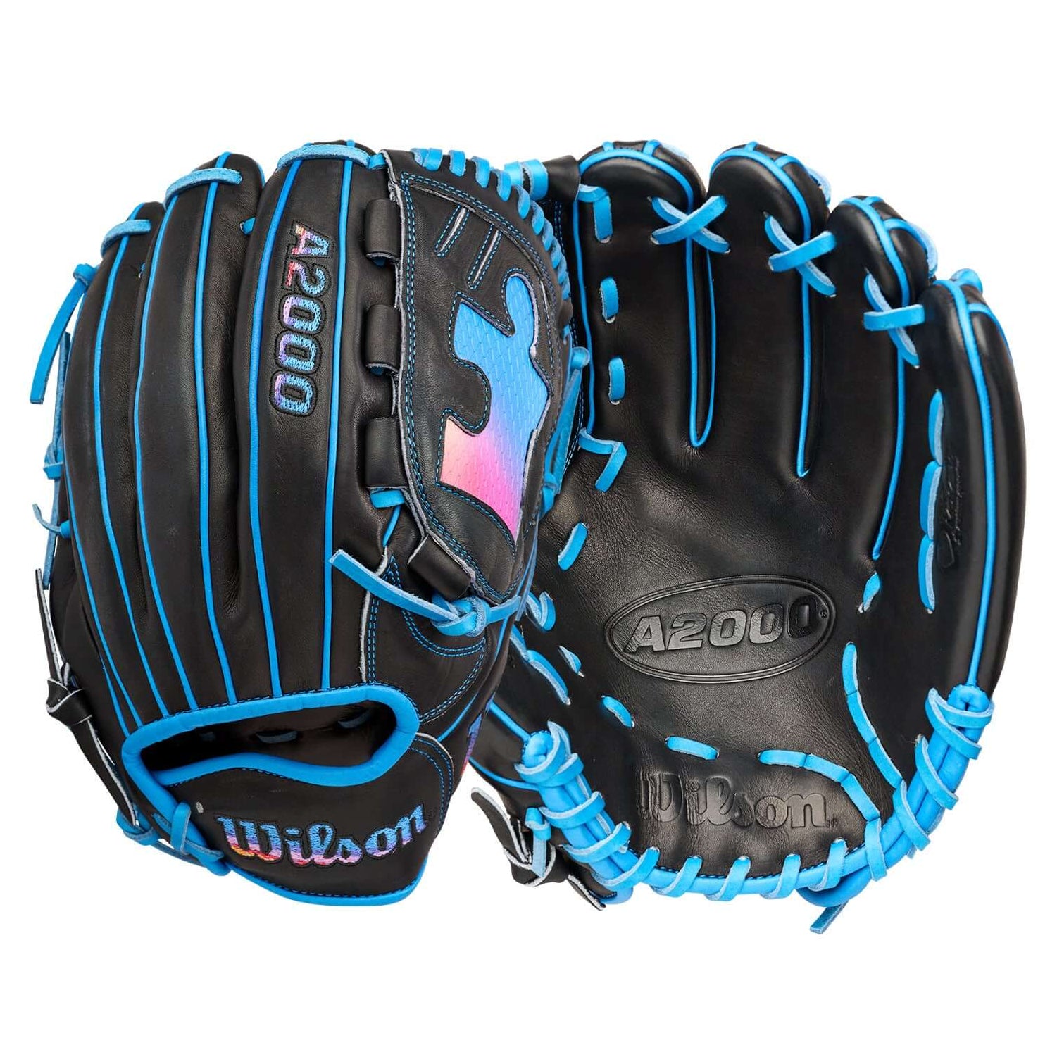 Wilson 2026 Love the Moment A2000 B23 Puzzle Piece 12” Pitcher’s Baseball Glove LHT, palm view, black with blue laces.