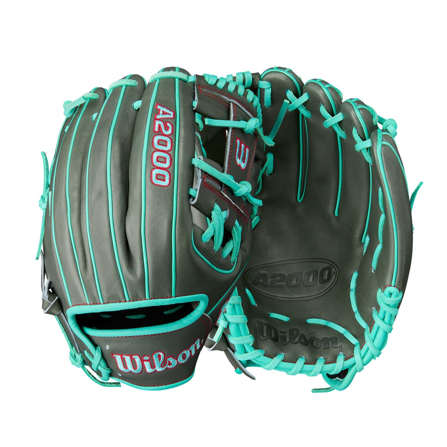 Back and palm view of Wilson A2000 1975 11.75'' Infield Glove with Coal Pro Stock® leather and striking seafoam accents.