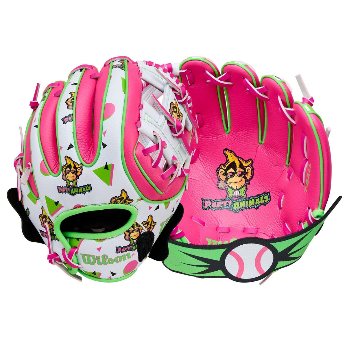 Front and back view of Wilson 2026 A200 EZ Catch Party Animals 10” T-Ball Glove LHT in pink and green with playful graphics.