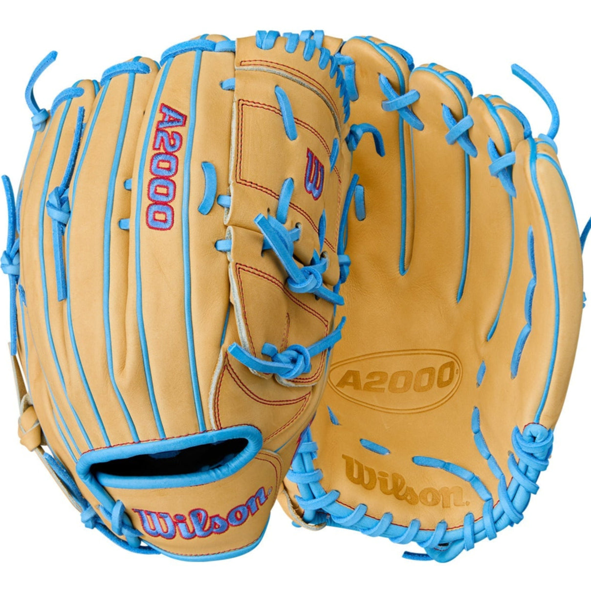 Back and palm view of Wilson A2000 B125 12.5'' Pitcher's Glove with Blonde Pro Stock® leather and Sky Blue accents.