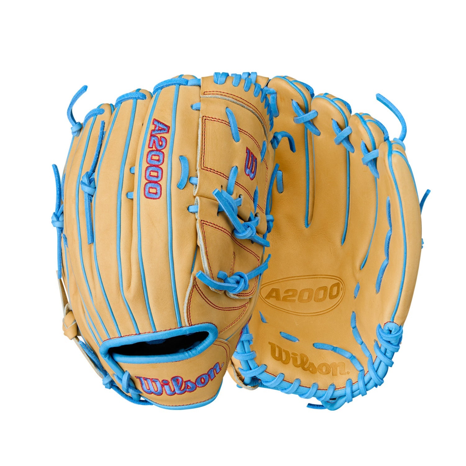 Back and palm view of Wilson A2000 B125 12.5'' Pitcher's Glove with Blonde Pro Stock® leather and Sky Blue accents.