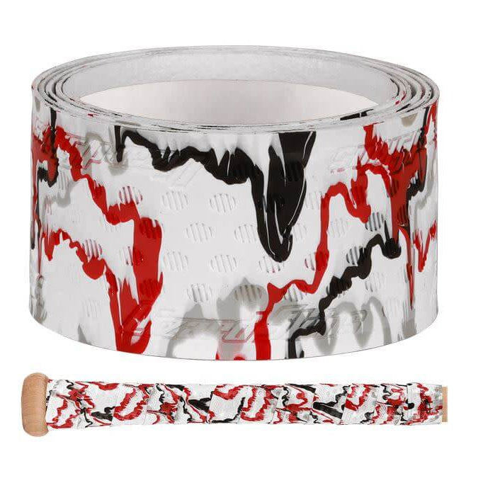 Lizard Skins DSP Ultra Bat Grip - 1.1 mm in red, black, and white with an oval pattern, shown rolled and applied to a bat handle.