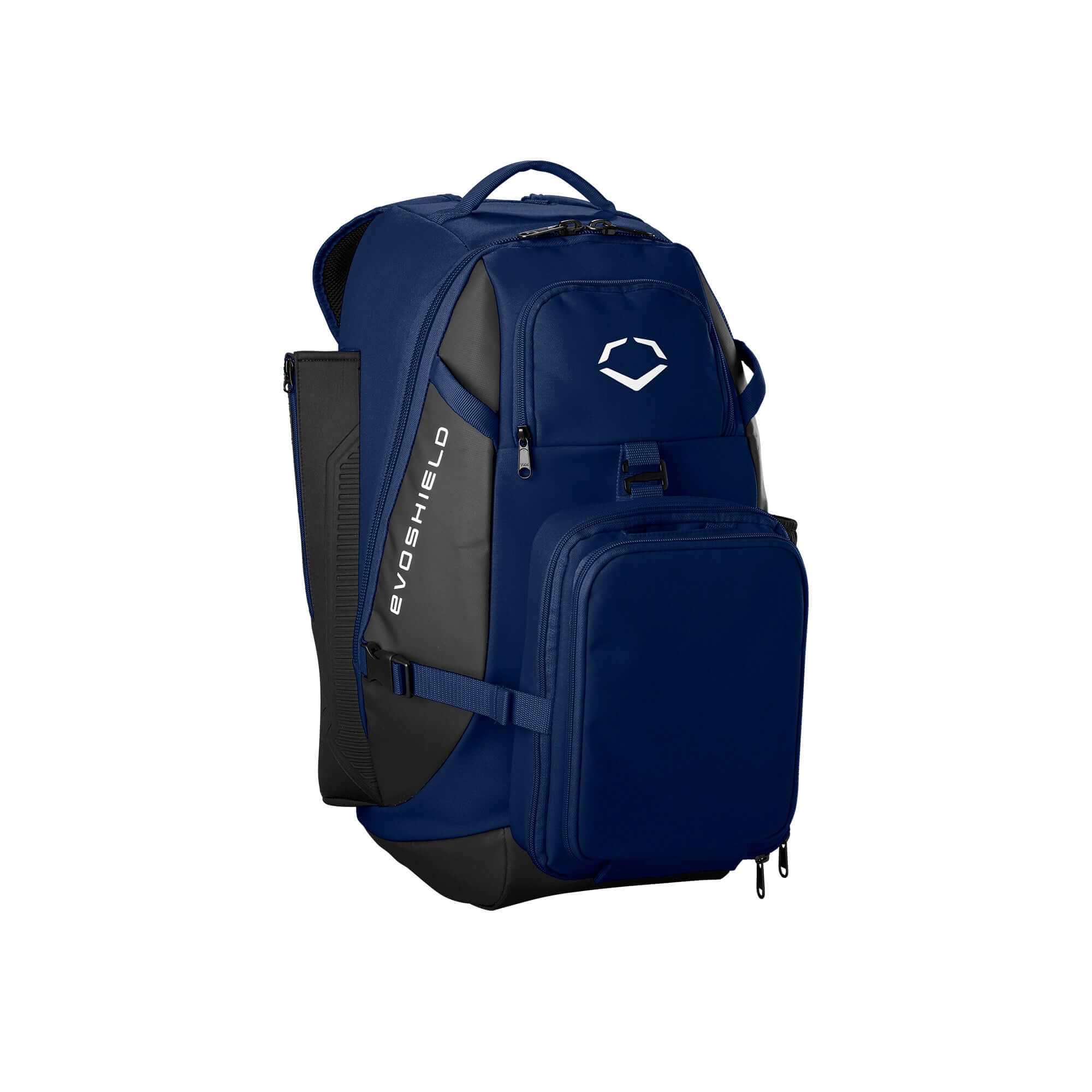 Evoshield Recruit Backpack in navy, featuring large main compartment and durable nylon construction for athletes.