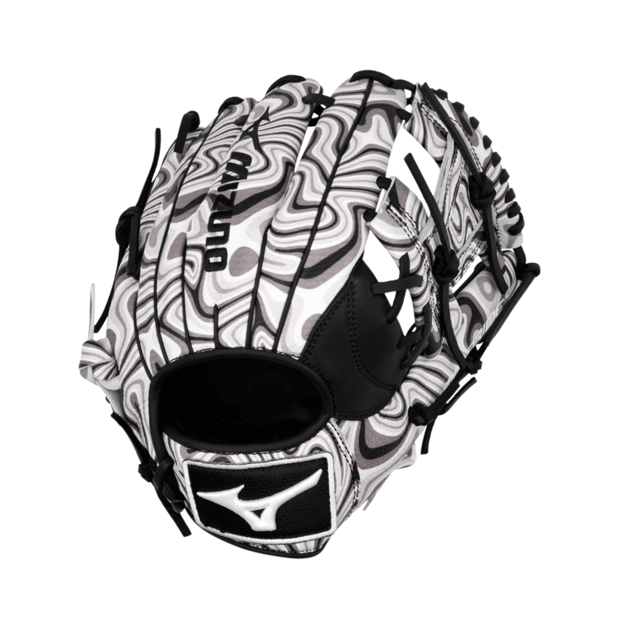 Back view of Mizuno MVP Prime M-Print 11.5" Oil Slick baseball glove showing M-Print graphics and premium lacing