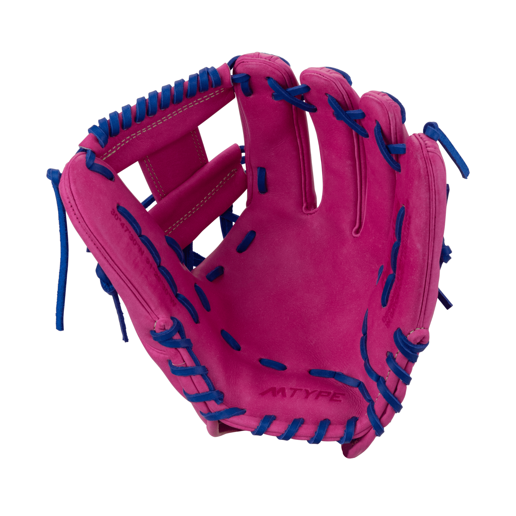Marucci Cypress M Type 44A2 11.75-inch pink glove with blue lacing, featuring dual wide depth and premium leather construction.