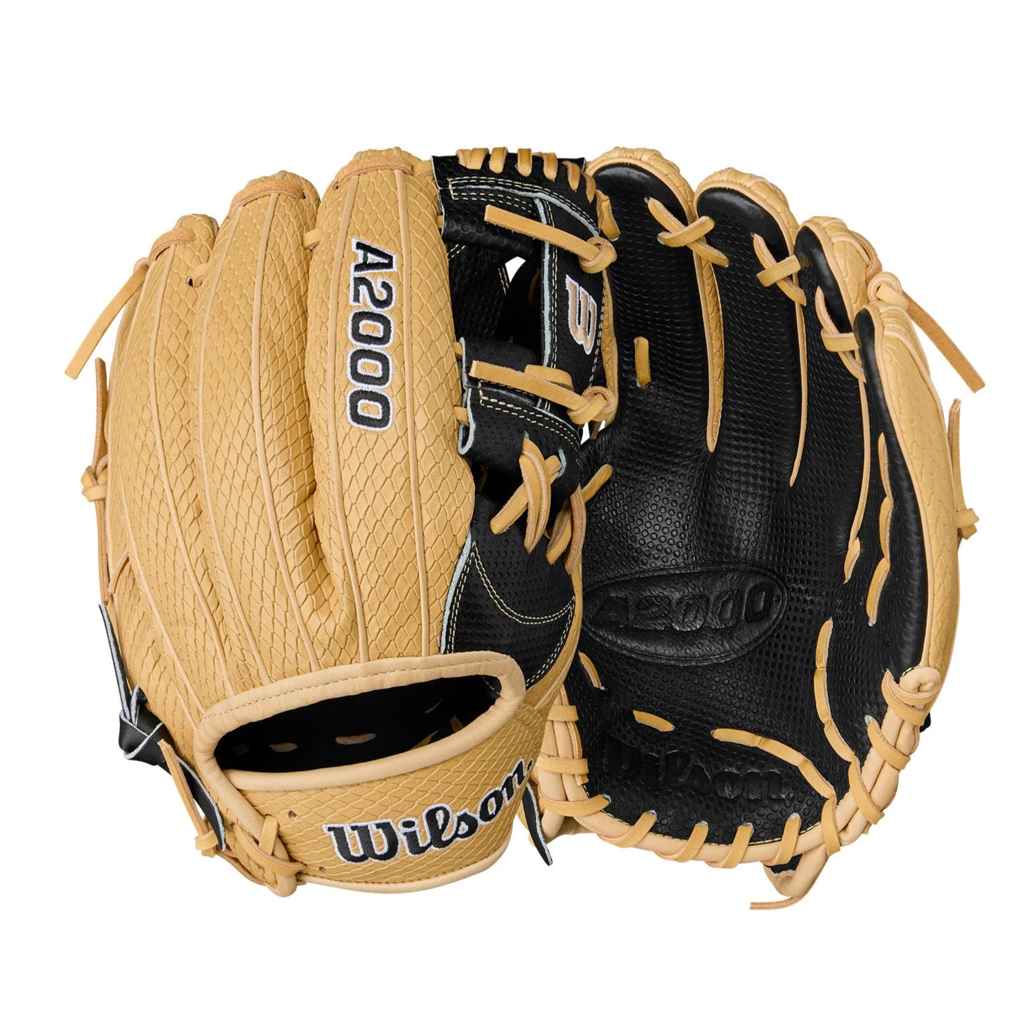 Back and palm view of Wilson A2000 KBH13 11.75'' Infield Glove with Black Pro Stock® leather and Blonde SuperSnakeSkin.