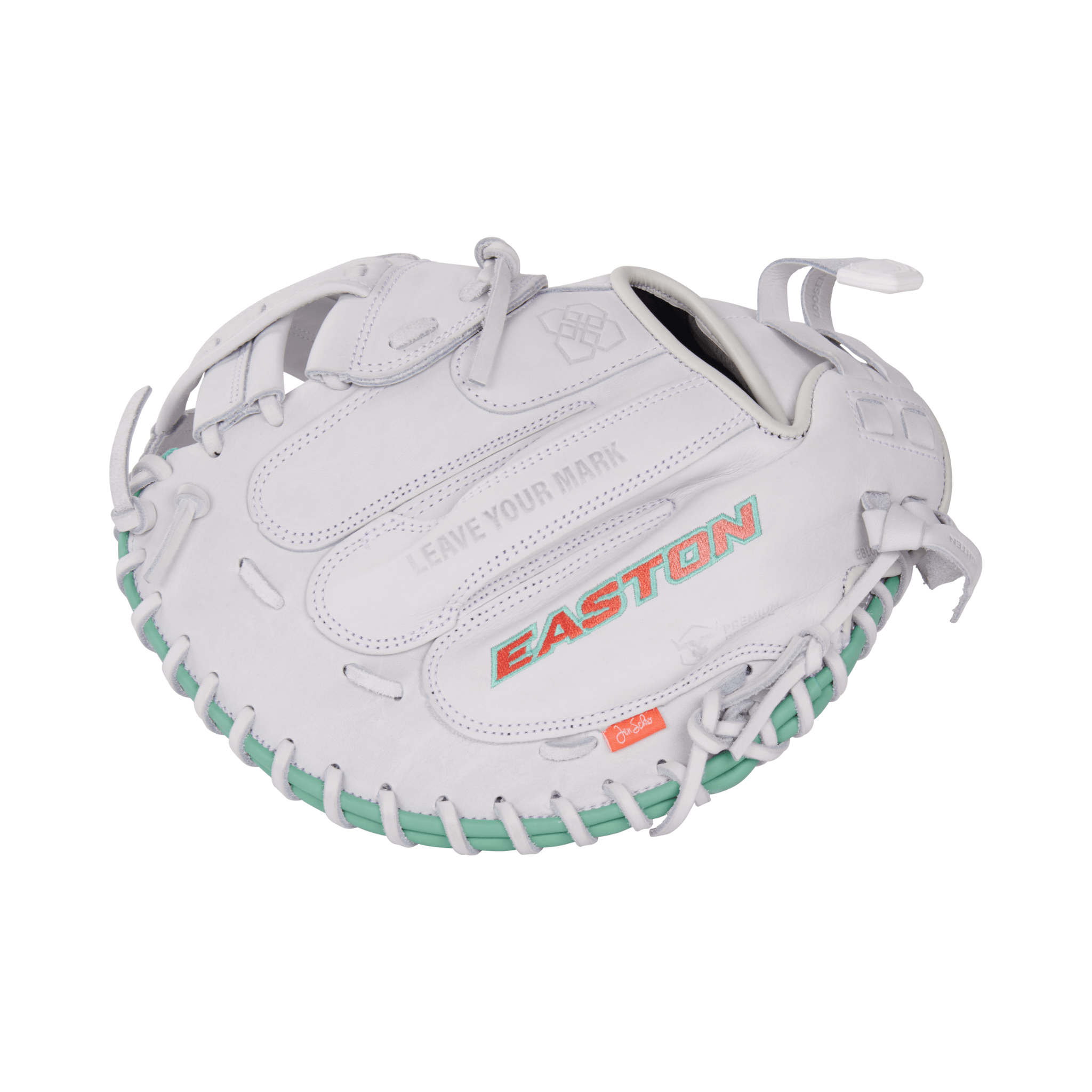 Easton Professional Collection Signature Series Jen Schroeder Fastpitch softball glove in white with teal and orange accents.