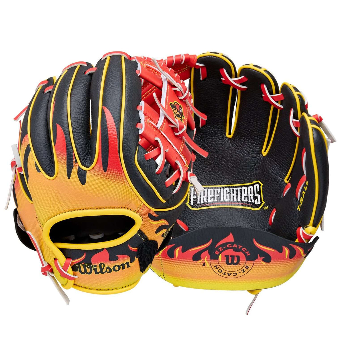 Wilson 2026 A200 Firefighters Baseball Glove 10" Red/Black, backhand and palm view, flame design, red lacing, yellow accents