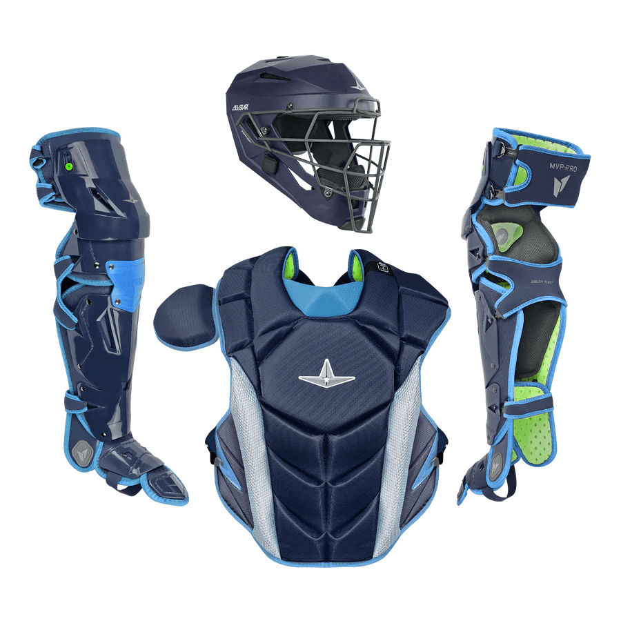 All-Star MVP-PRO™ Series Adult Catcher's Kit showcasing helmet, chest protector, and leg guards in navy and blue colors.