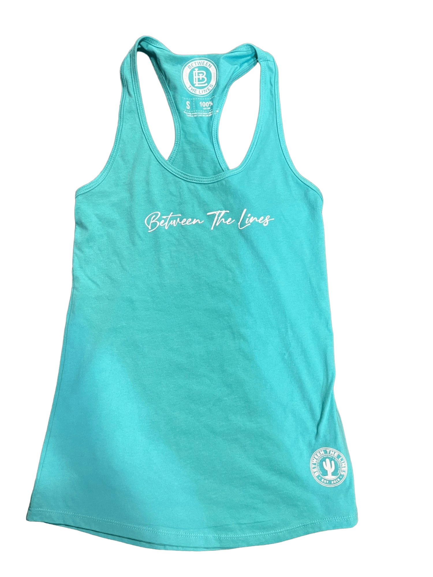 Between The Lines Racerback Women's T-Shirt in turquoise, featuring a trendy sleeveless design and comfortable fit.