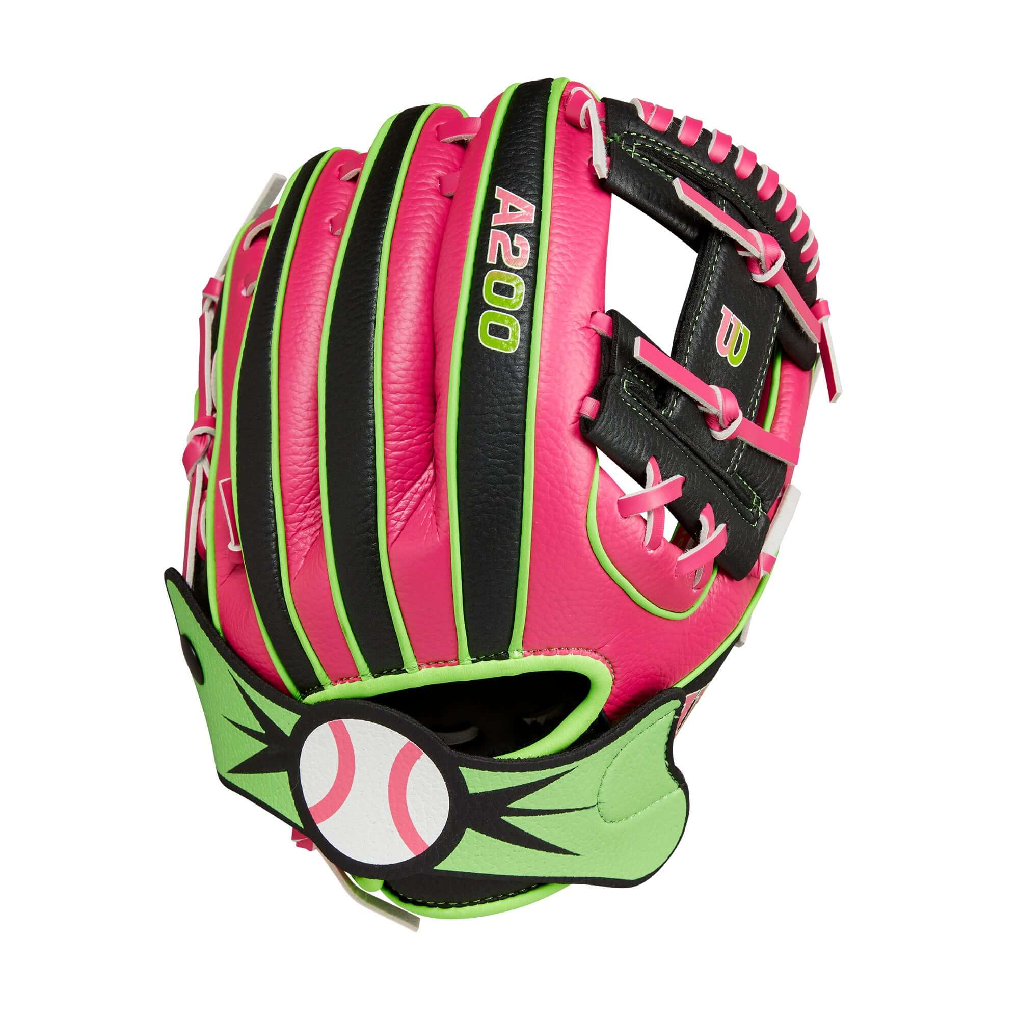 Wilson 2024 A200 EZ Catch 10" black and flamingo glove featuring Party Animals design, perfect for vibrant baseball play.