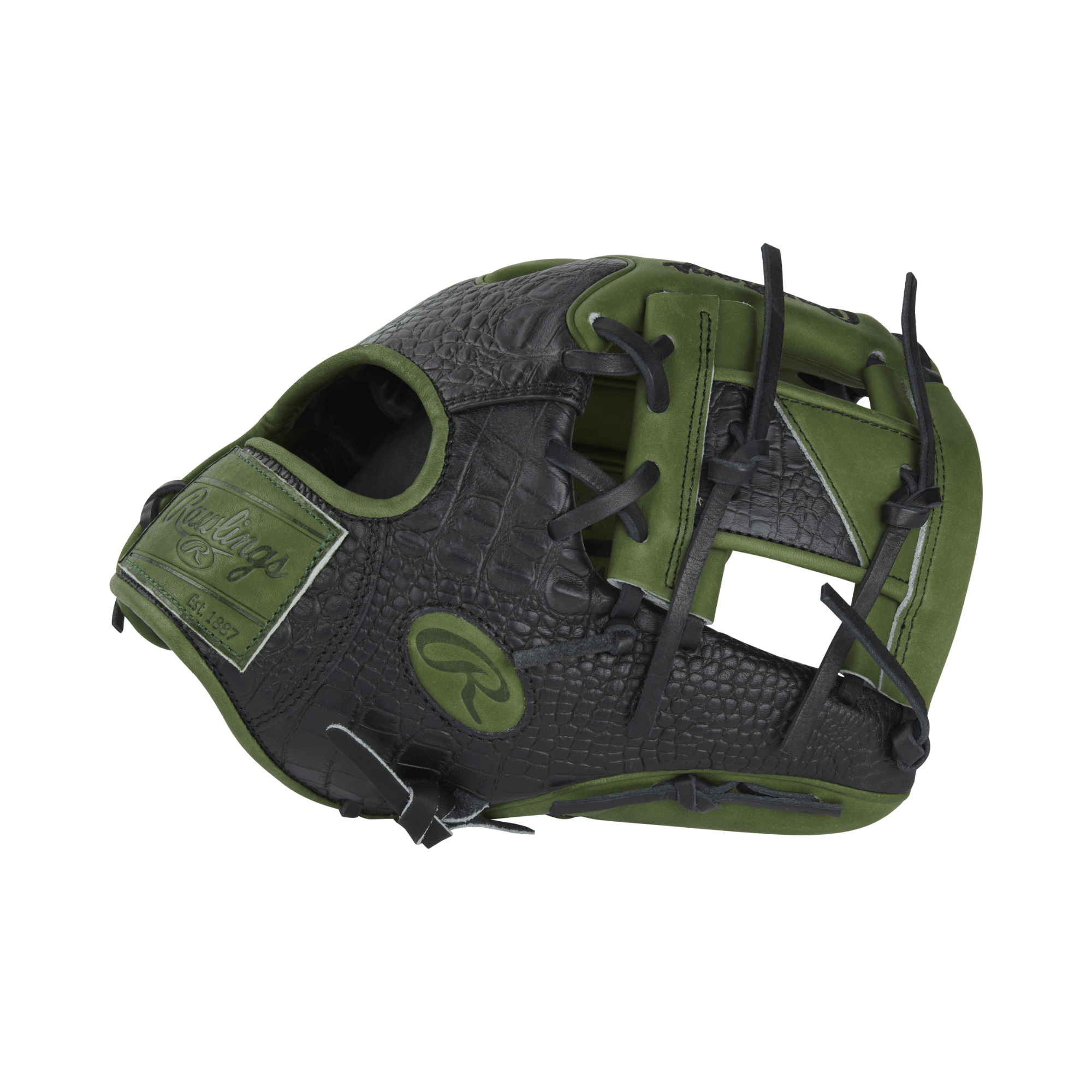 Rawlings Heart Of the Hide Color Sync 8.0 baseball glove in military green and black croc-embossed leather, 11.5" RHT.