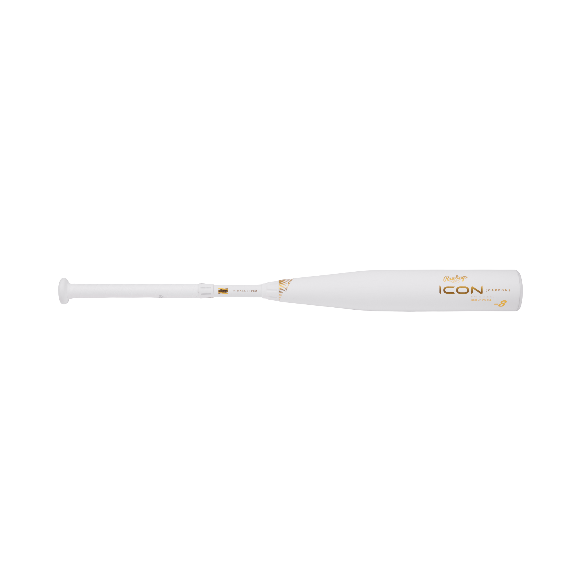 Side profile view of Rawlings Icon -8 (2 3/4" Barrel) USSSA Youth Baseball Bat with white finish and gold graphics.