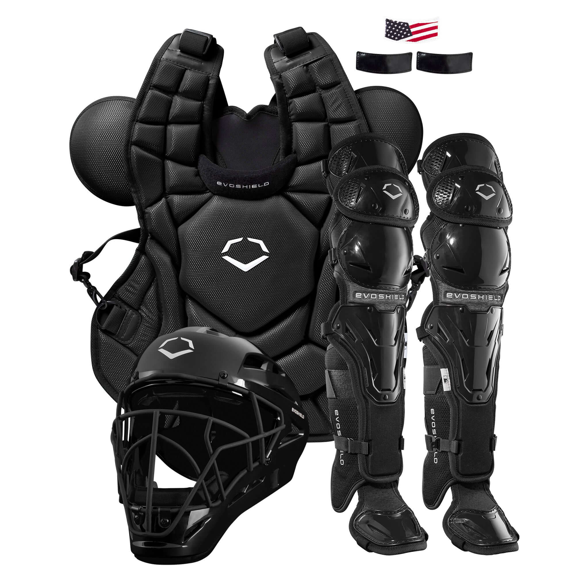 Evoshield G2S Adult Baseball Catcher's Gear Kit including helmet, chest protector, and leg guards in black color.