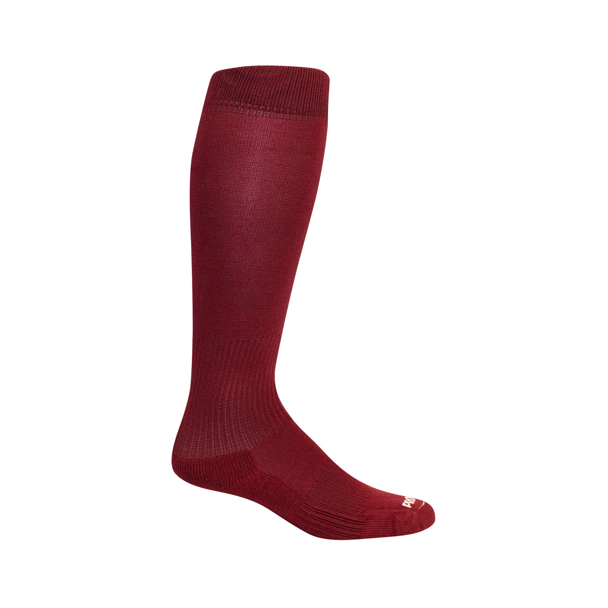 Side view of maroon Pro Feet Performance Over-the-Calf 7-9 sock with ribbed double welt top and cushioned foot.