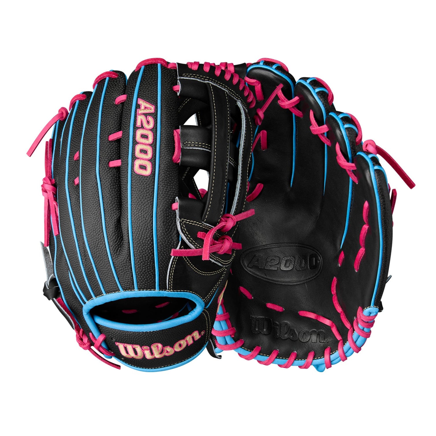 Back and palm view of Wilson A2000 1777SS 12.75'' Outfield Glove with black SuperSkin™ and Pro Stock® leather palm