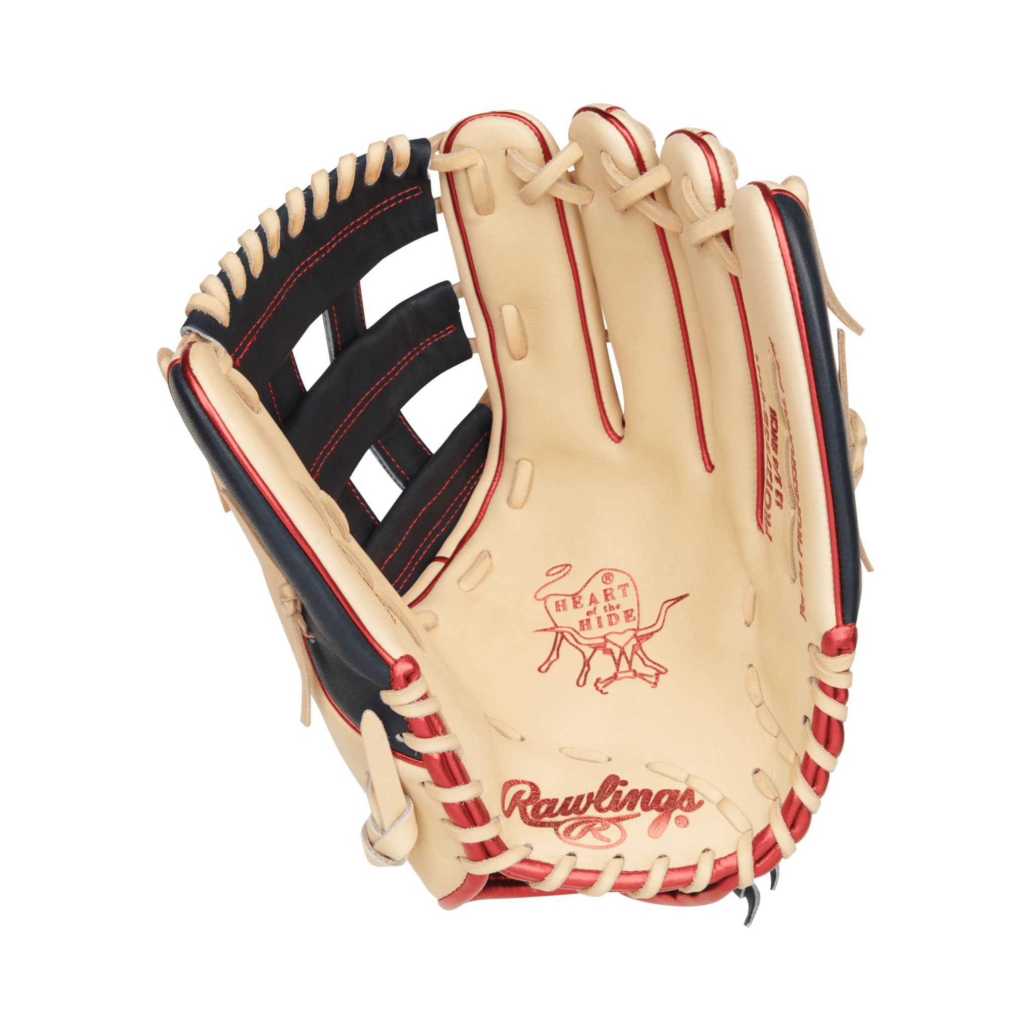 Palm view of a Rawlings baseball mitt showcasing camel and navy leather with red and blue stitching, ideal for outfield play.
