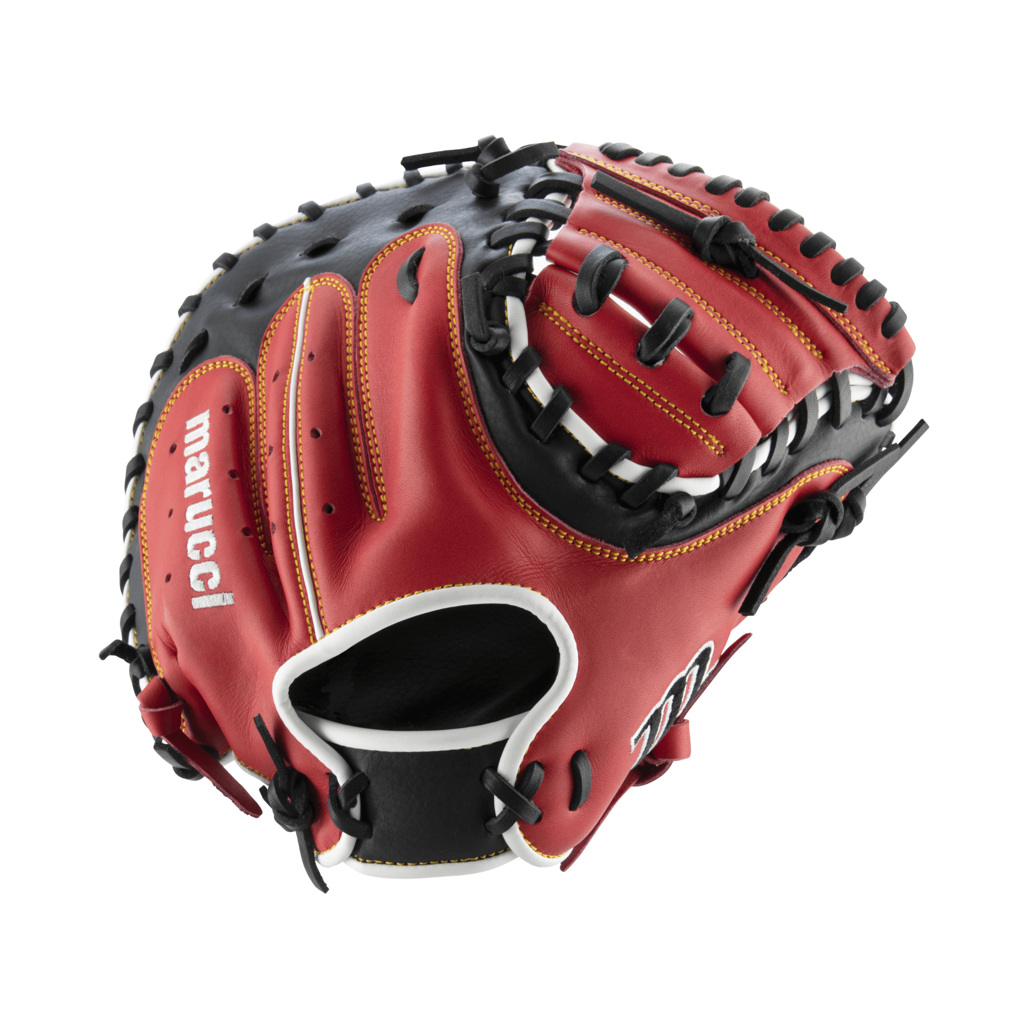 Marucci Caddo Series V2 31" Catcher's Mitt in red and black, featuring adjustable thumb loops and EZ Flex technology.