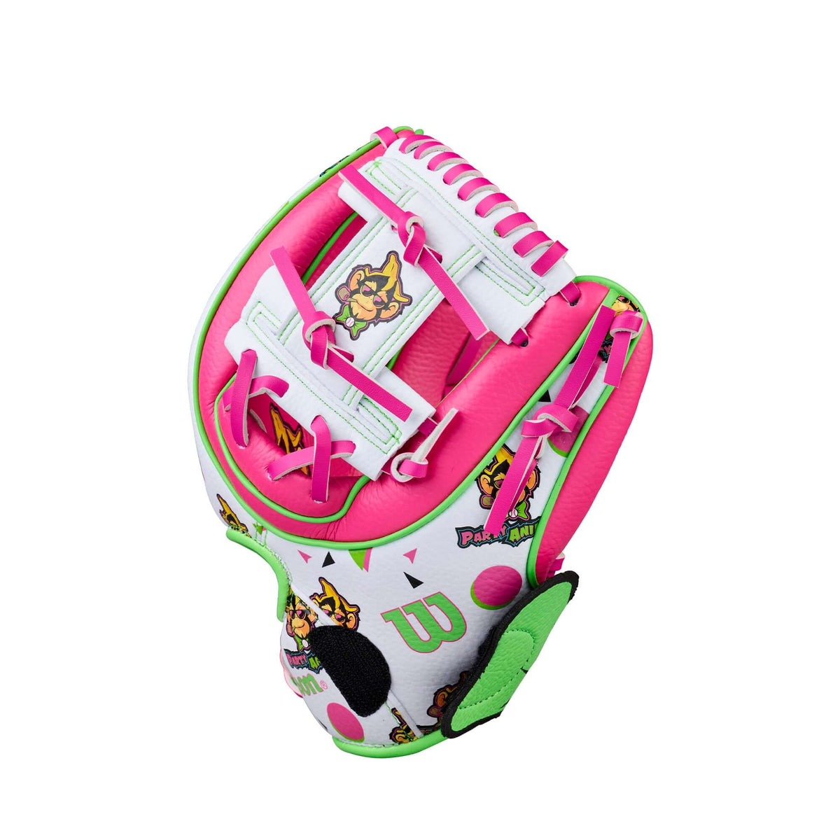 Wilson 2026 A200 EZ Catch Party Animals 10” T-Ball Glove LHT backhand view with pink and white color, fun graphics