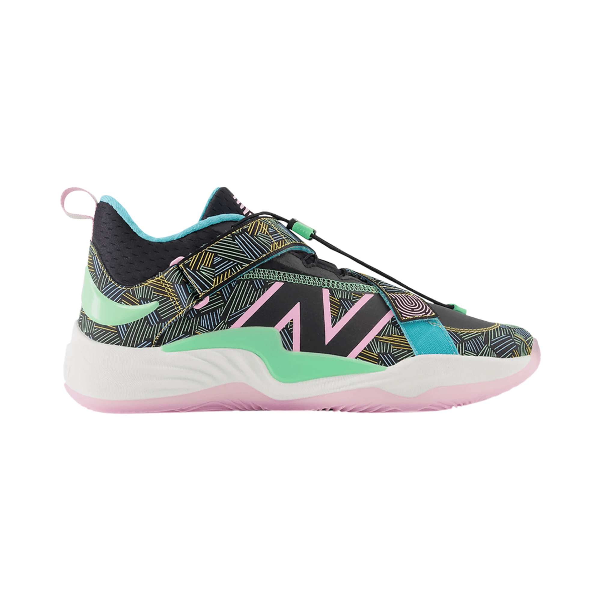 New Balance FuelCell Lindor 2 Pre-Game turf trainer in black, mint, and pink with synthetic upper and Speedlace system.
